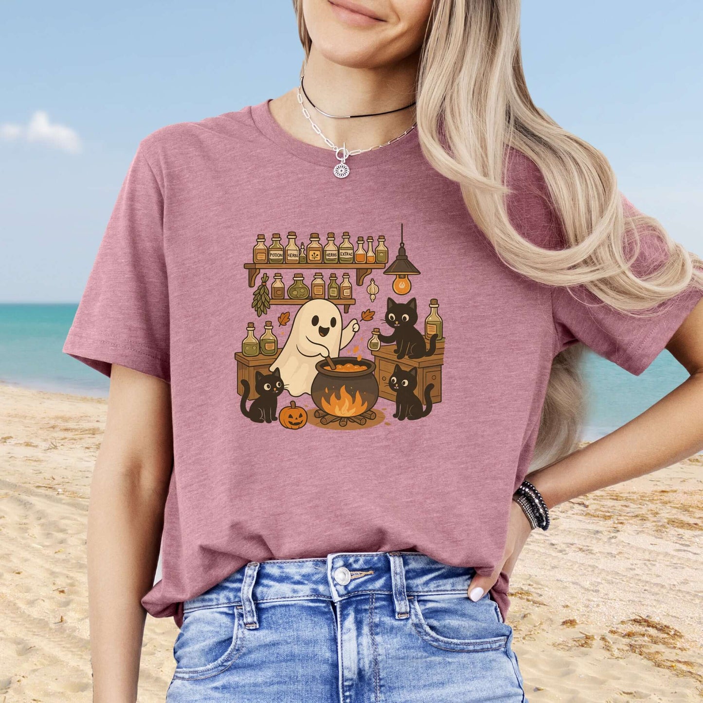 Ghost and Black Cats Halloween T-Shirt – Cute Cat Lover Spooky Season Gift