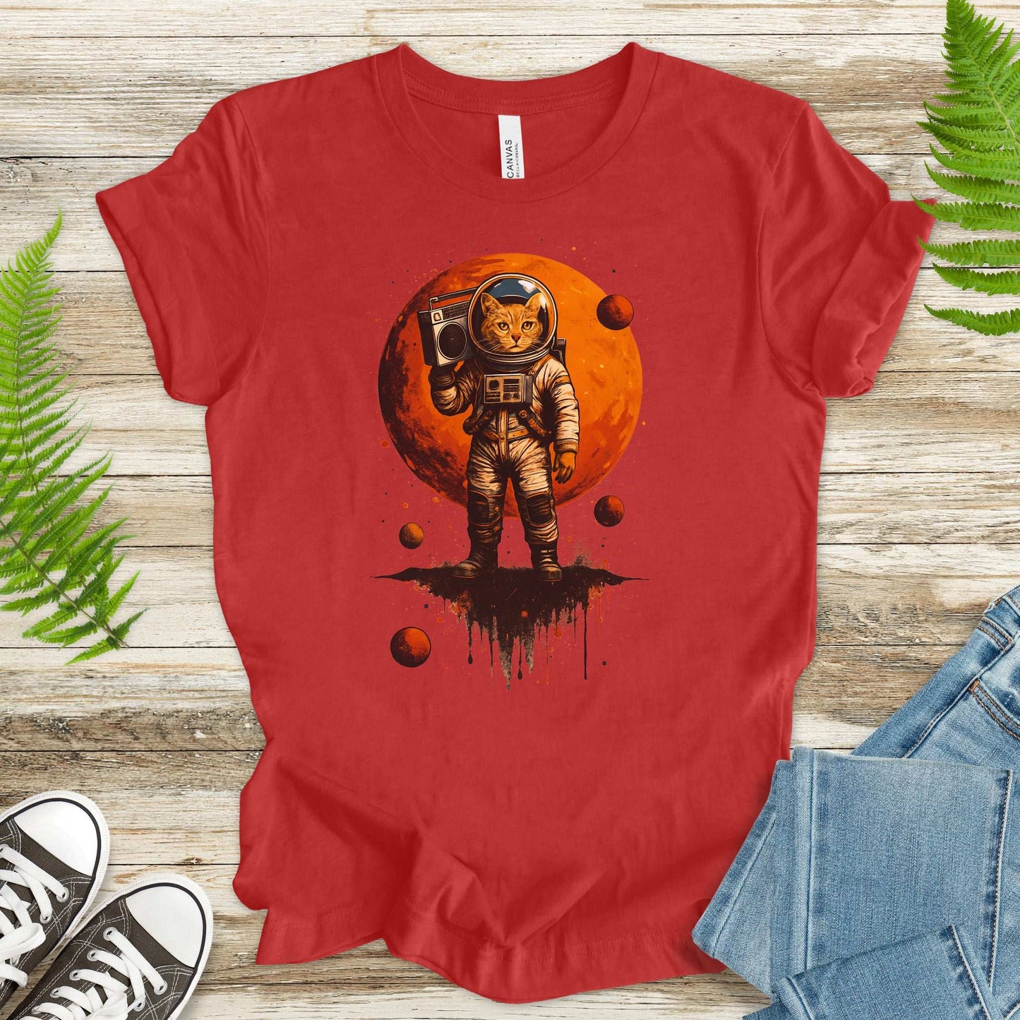 Boombox Cat Astronaut T-Shirt – Retro Space Funk Galaxy Tee