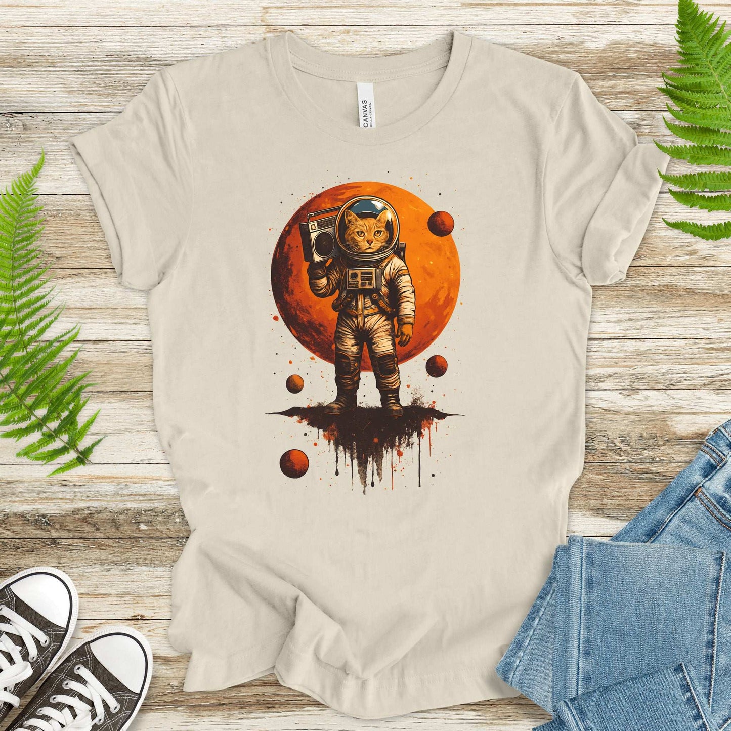 Boombox Cat Astronaut T-Shirt – Retro Space Funk Galaxy Tee