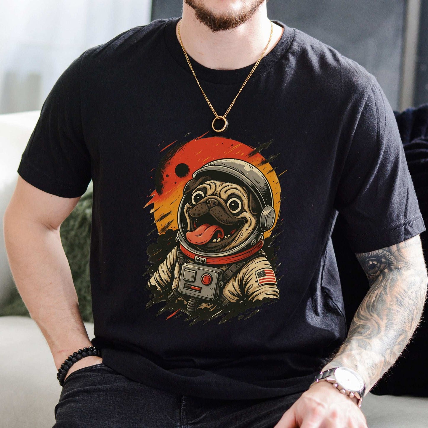 Pugstronaut Space T-Shirt – Funny Goofy Pug in Galaxy Suit Tee