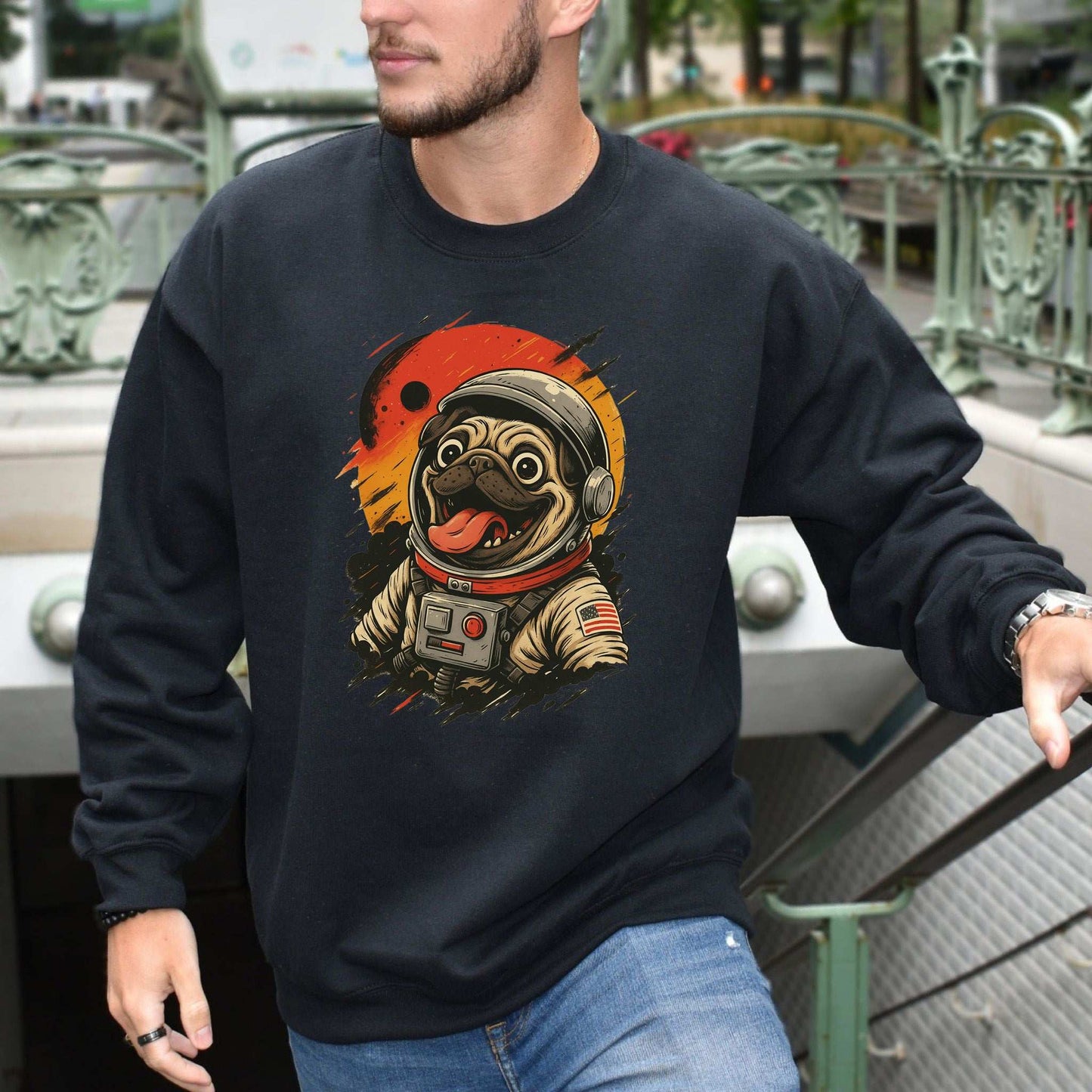 Pugstronaut Space Sweatshirt – Goofy Galactic Pug in Retro Space Suit