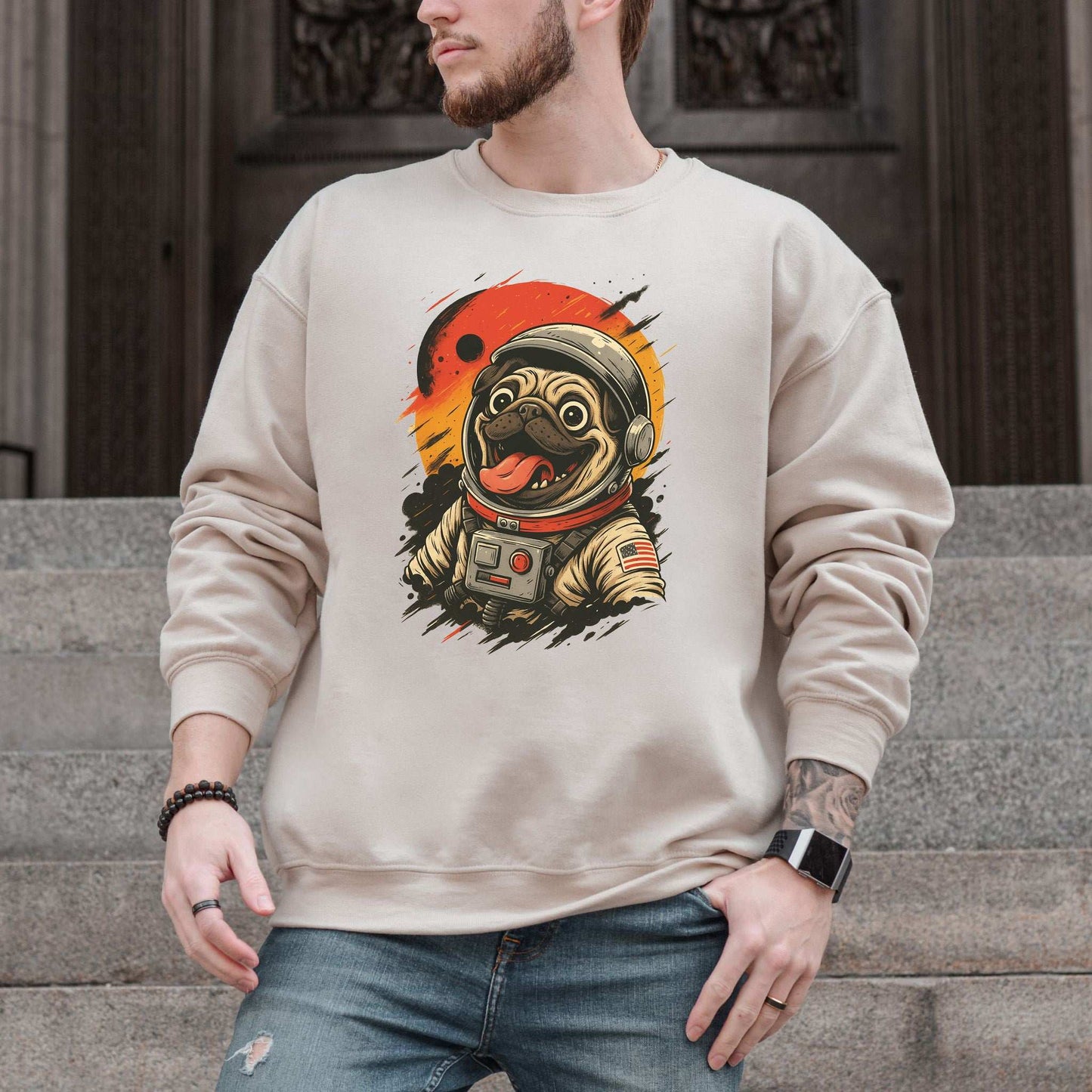 Pugstronaut Space Sweatshirt – Goofy Galactic Pug in Retro Space Suit