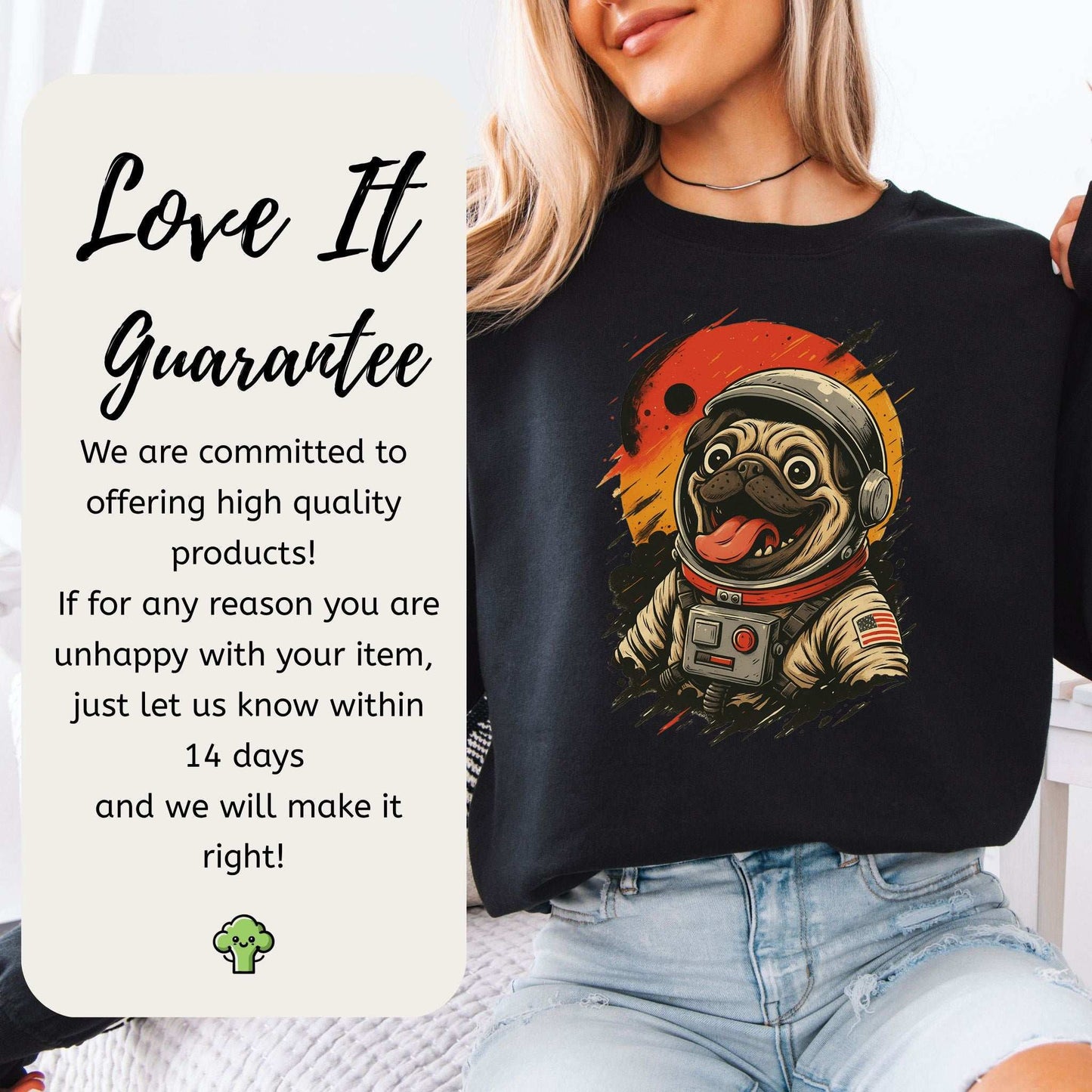 Pugstronaut Space Sweatshirt – Goofy Galactic Pug in Retro Space Suit