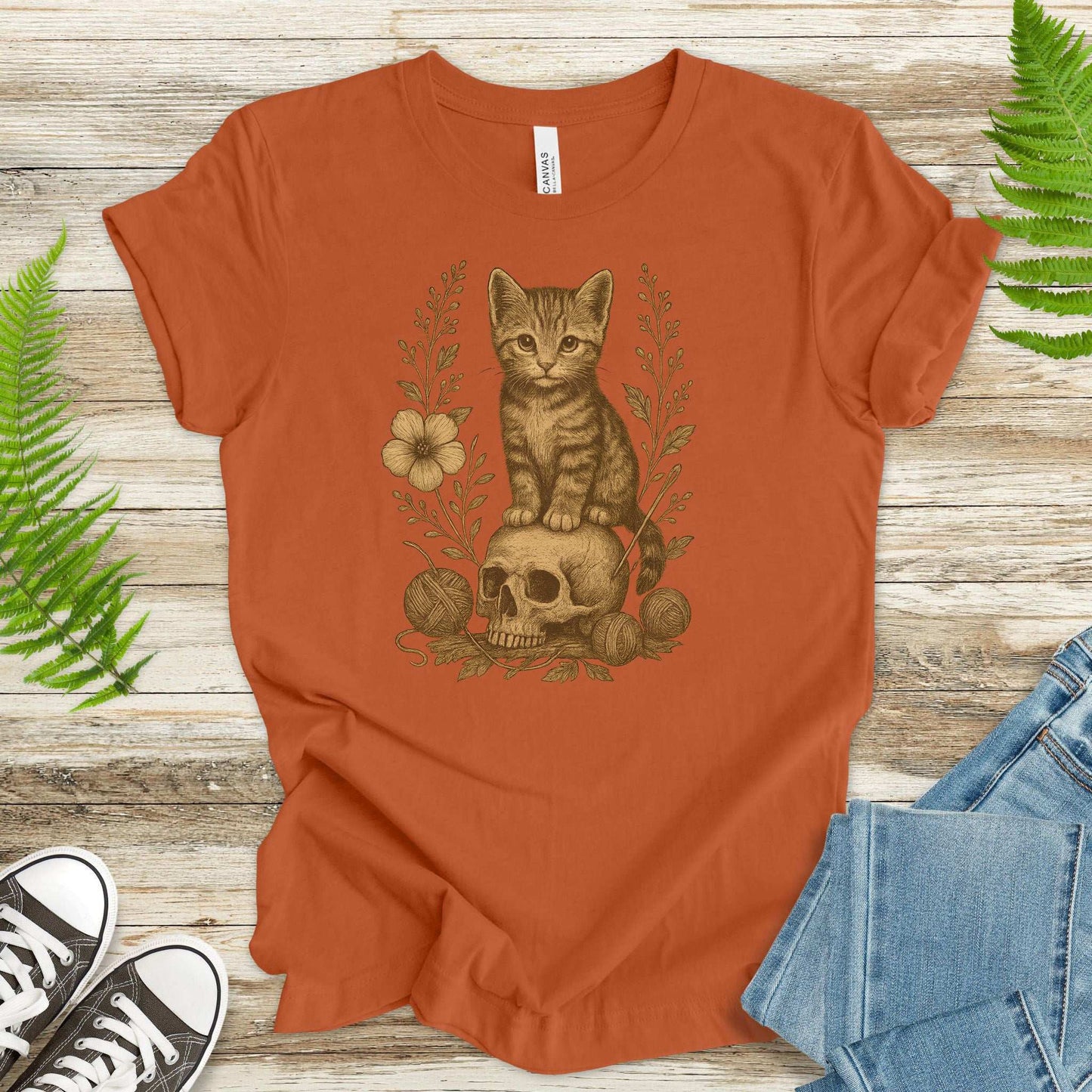 Gothic Kitten & Skull T-Shirt – Vintage Halloween Cat Floral Design