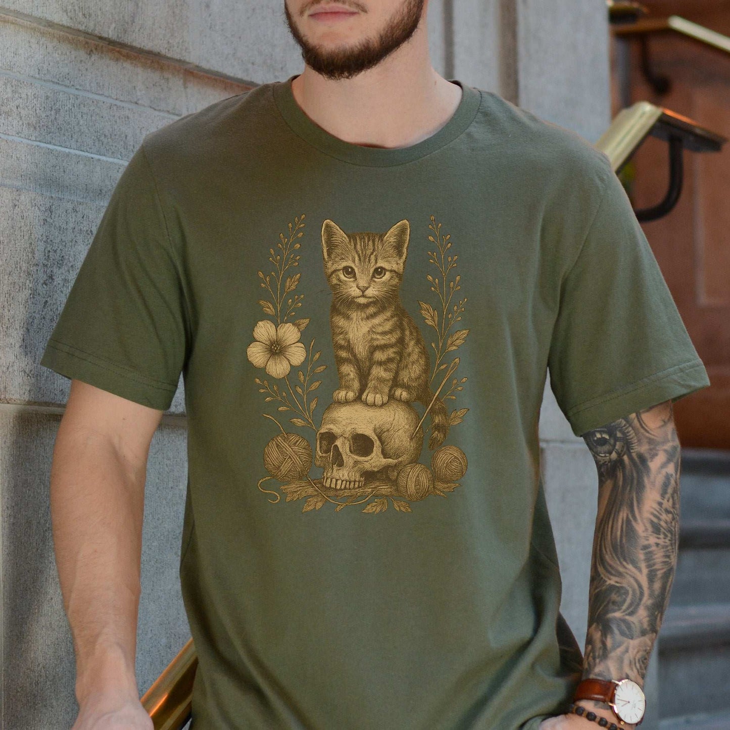Gothic Kitten & Skull T-Shirt – Vintage Halloween Cat Floral Design