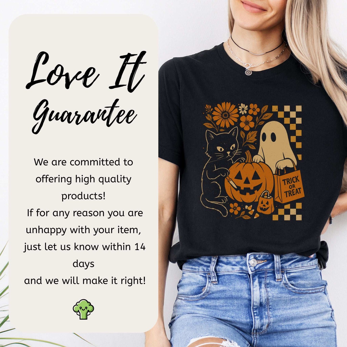 Halloween Cat & Ghost T-Shirt – Cute Retro Trick-or-Treat Vibes