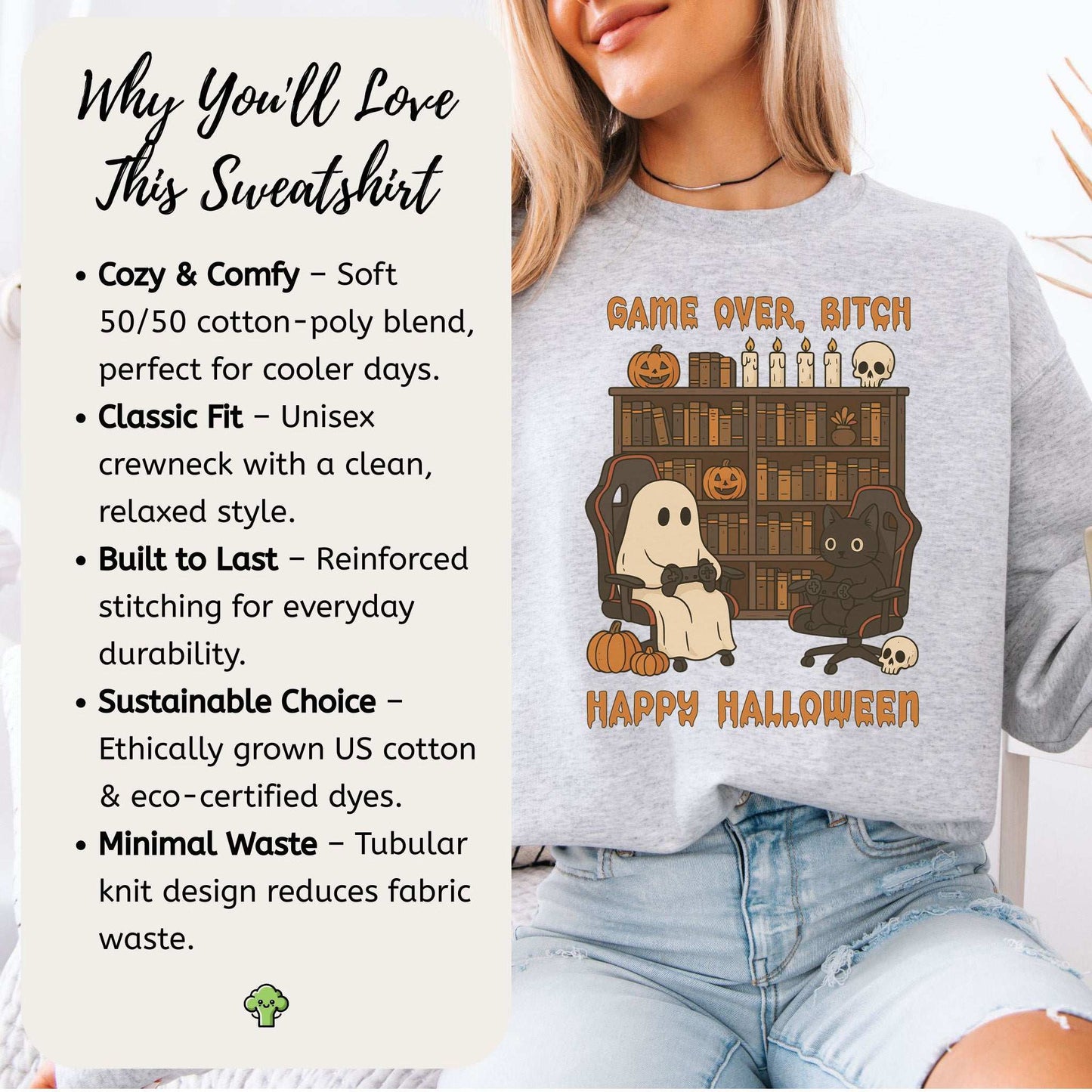 Halloween Gamer Ghost & Cat Sweatshirt – Funny Retro Spooky Gaming Vibes