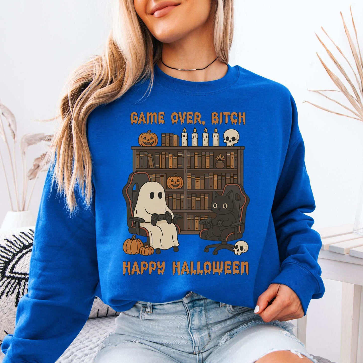 Halloween Gamer Ghost & Cat Sweatshirt – Funny Retro Spooky Gaming Vibes