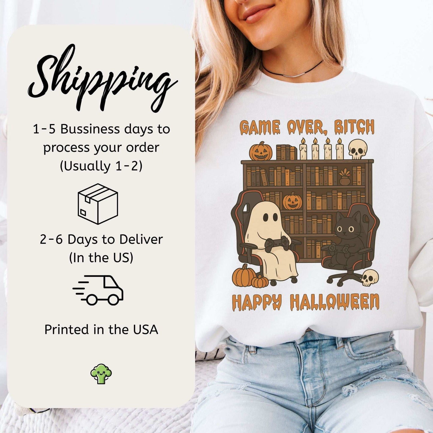 Halloween Gamer Ghost & Cat Sweatshirt – Funny Retro Spooky Gaming Vibes