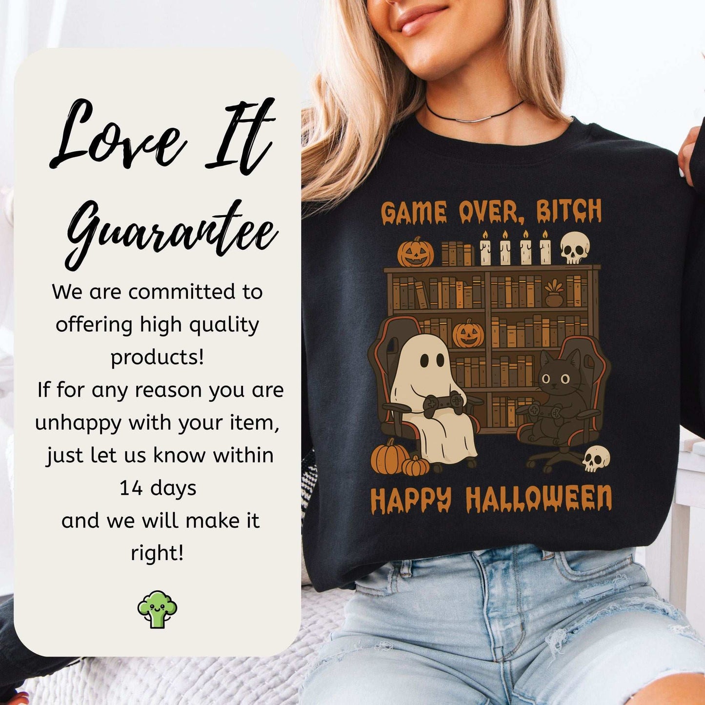Halloween Gamer Ghost & Cat Sweatshirt – Funny Retro Spooky Gaming Vibes