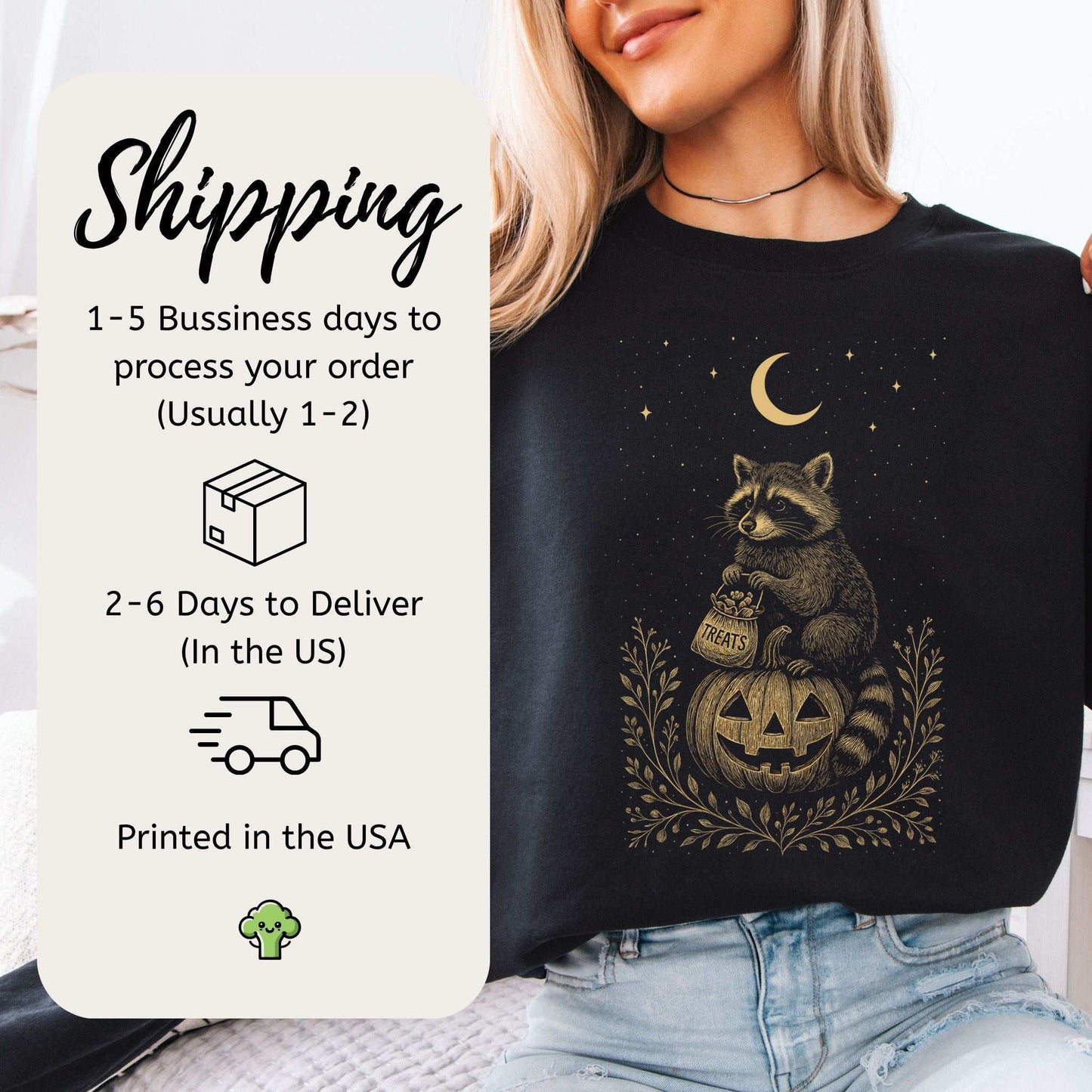 Vintage Raccoon Halloween Sweatshirt – Moonlit Pumpkin & Treats