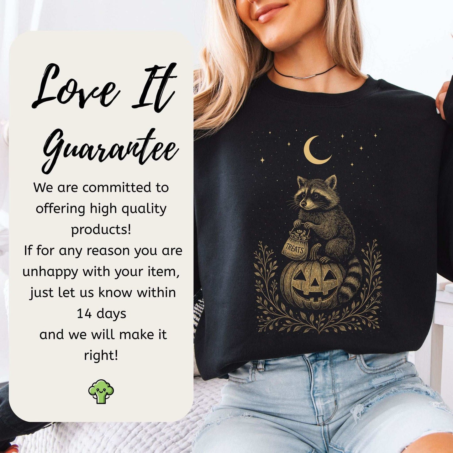 Vintage Raccoon Halloween Sweatshirt – Moonlit Pumpkin & Treats