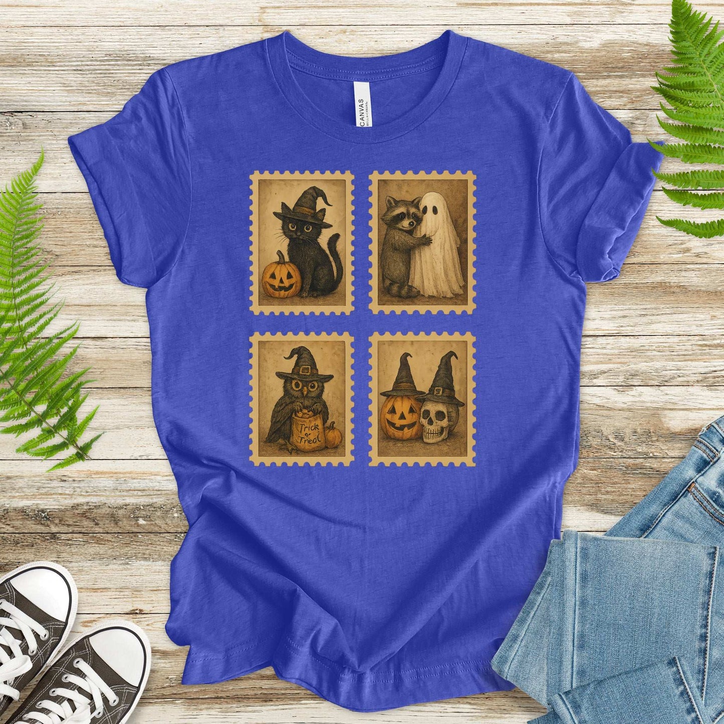 Halloween Stamps T-Shirt – Vintage Cat, Raccoon, Owl & Pumpkin Magic