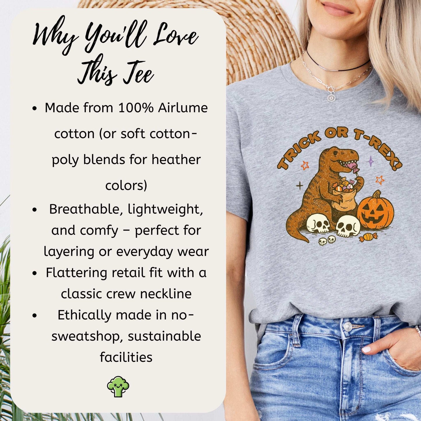 Trick or Treat T-Rex Halloween t-shirt featuring Dino with candy and skulls, perfect for Halloween lovers.