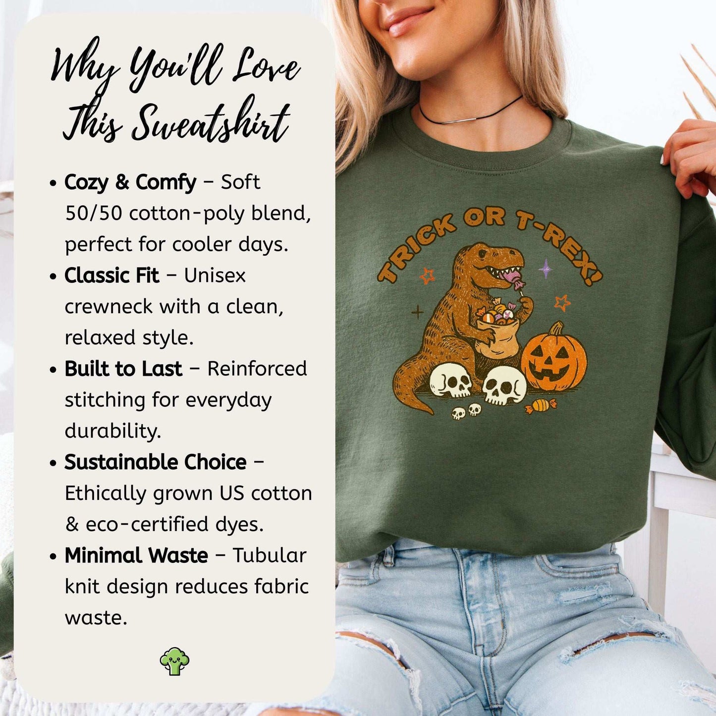 T-Rex Halloween Sweatshirt – Trick or Treat Dino Candy Chaos
