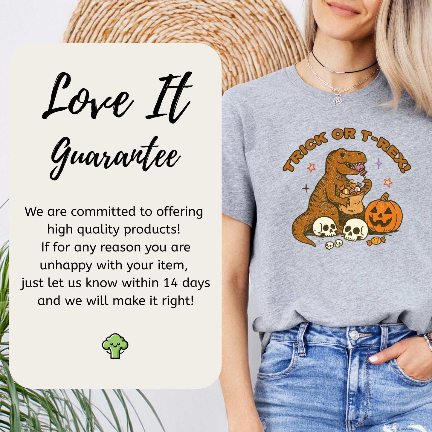 T-Rex Halloween T-Shirt featuring a playful dinosaur with pumpkins, perfect for candy chaos and trick-or-treat vibes.