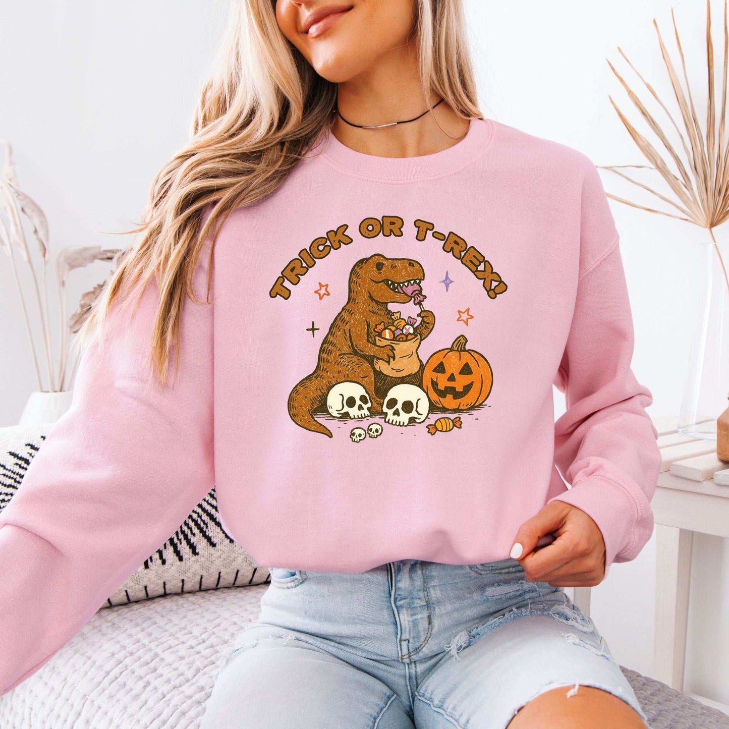 T-Rex Halloween Sweatshirt – Trick or Treat Dino Candy Chaos