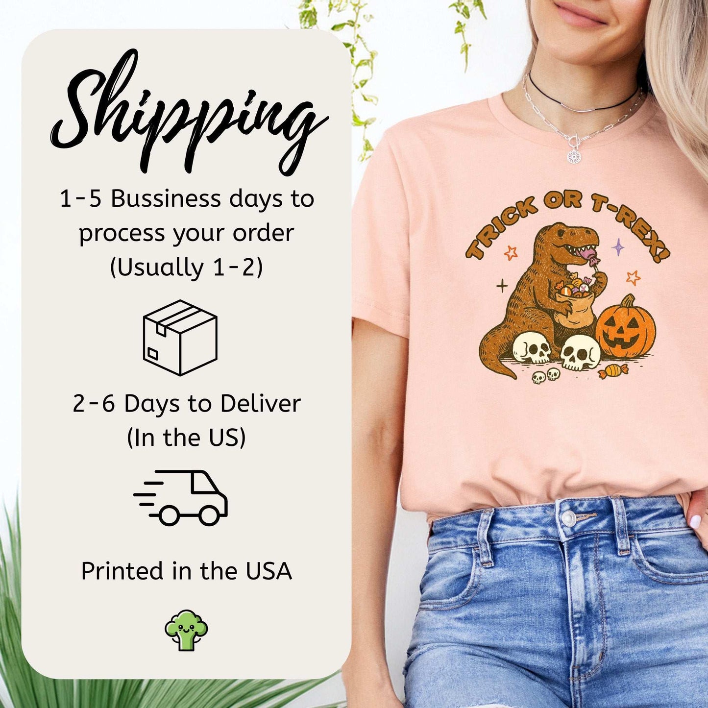 Model wearing T-Rex Halloween T-shirt with Trick or Treat design, featuring a dinosaur and festive elements.