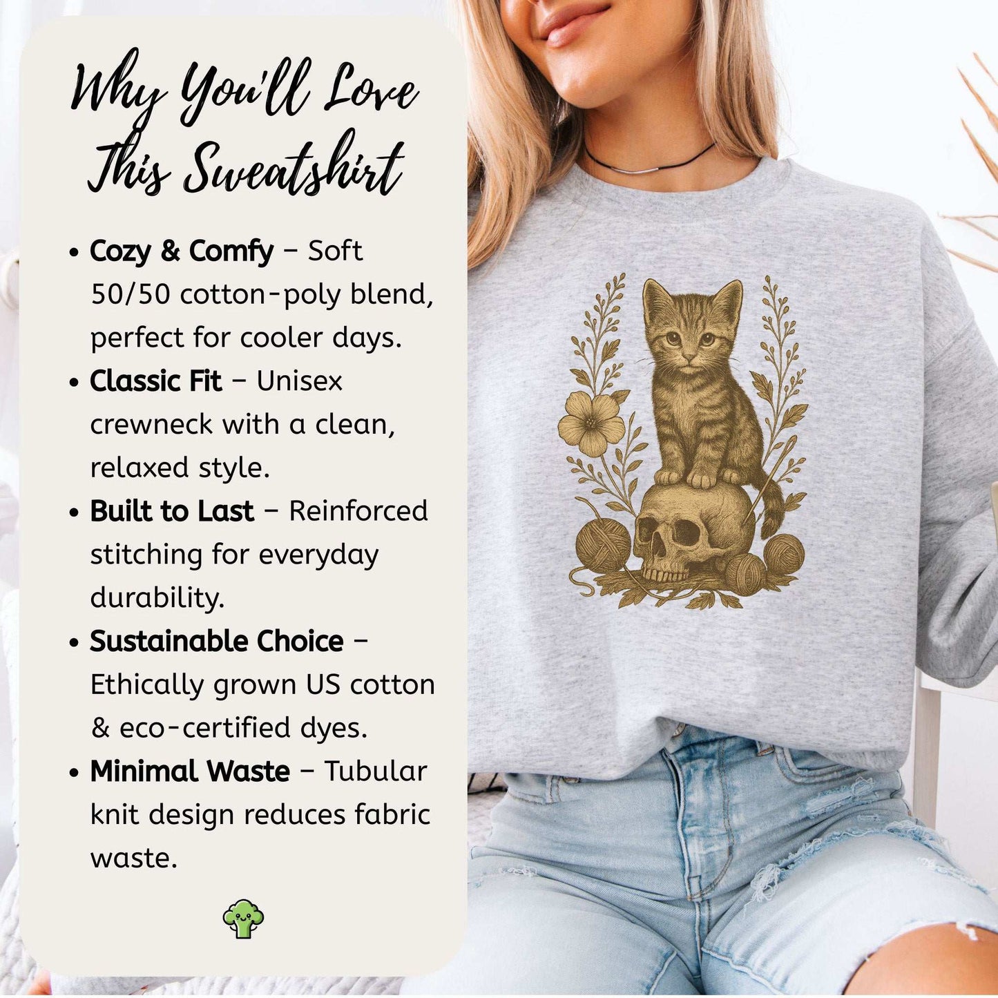 Gothic Kitten & Skull Sweatshirt – Vintage Halloween Cat Floral Design