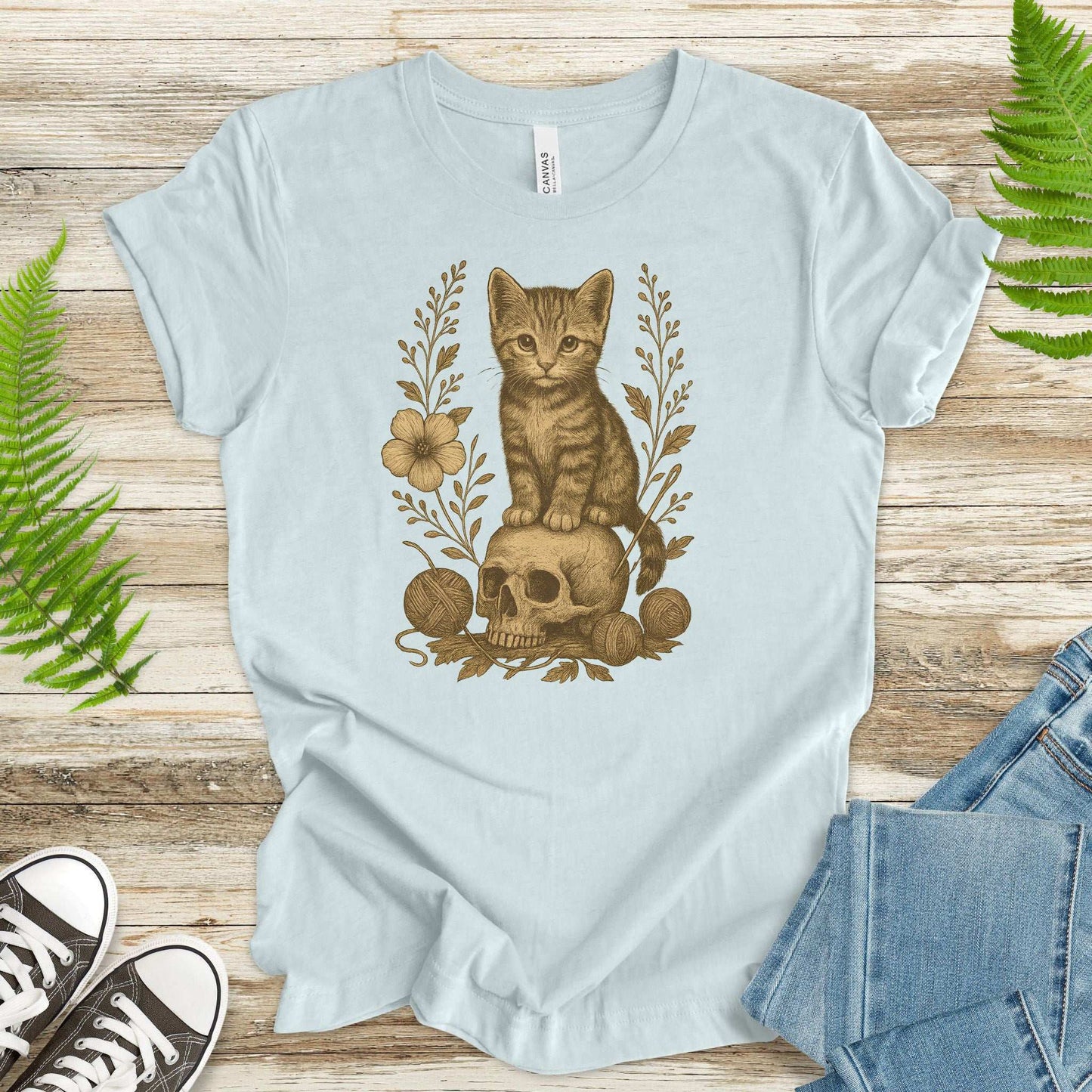 Gothic Kitten & Skull T-Shirt – Vintage Halloween Cat Floral Design