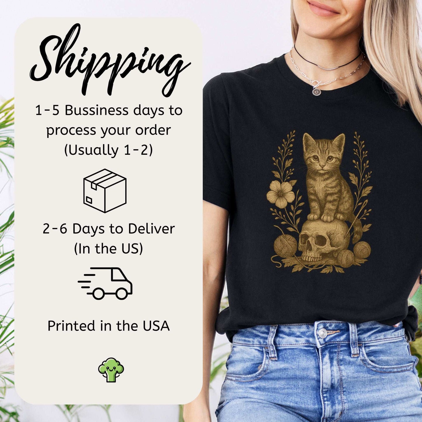 Gothic Kitten & Skull T-Shirt – Vintage Halloween Cat Floral Design