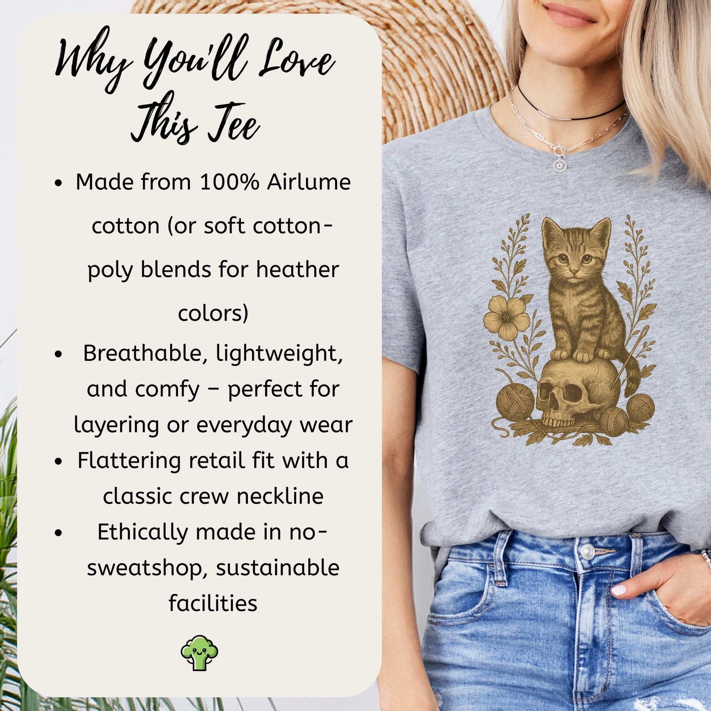 Gothic Kitten & Skull T-Shirt – Vintage Halloween Cat Floral Design