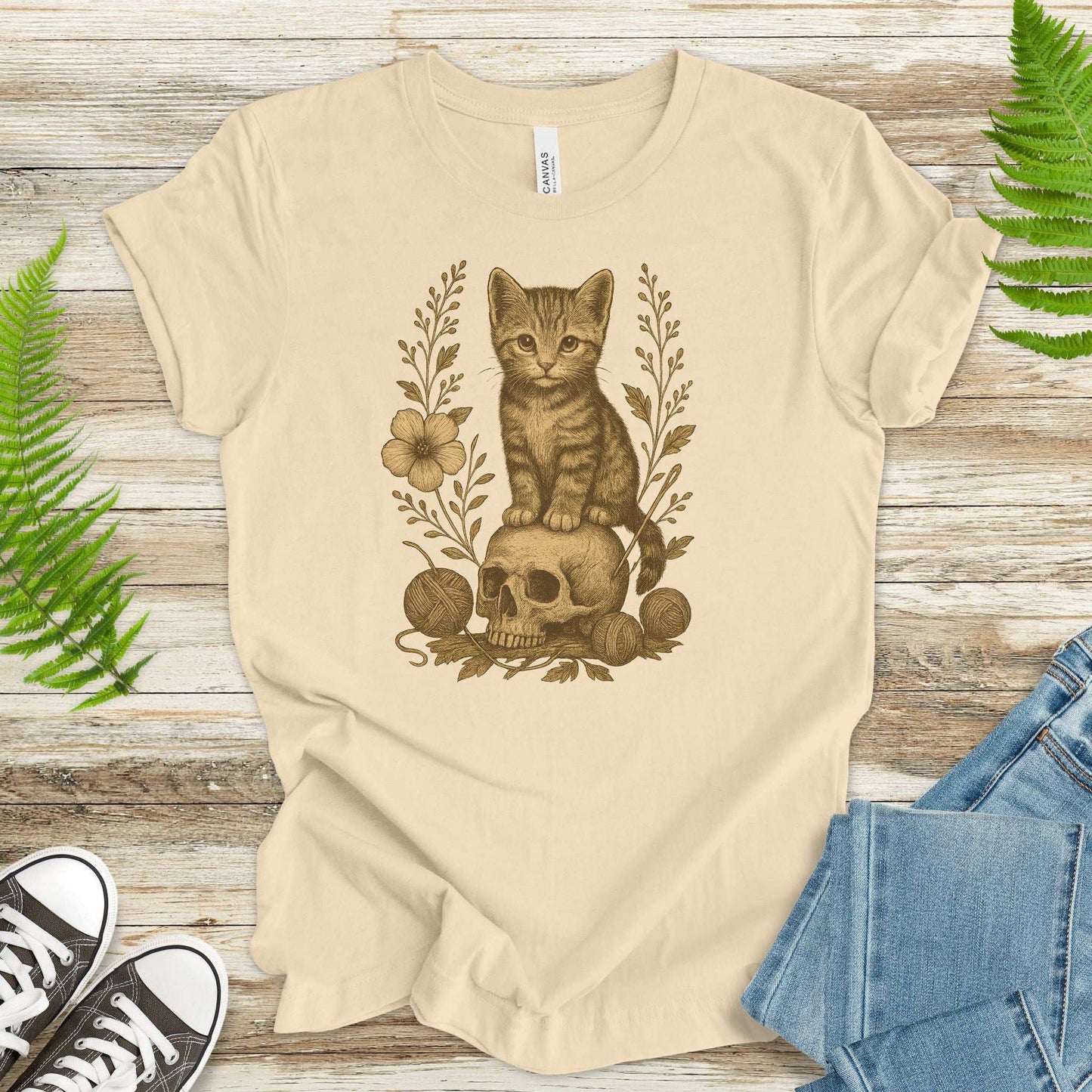Gothic Kitten & Skull T-Shirt – Vintage Halloween Cat Floral Design