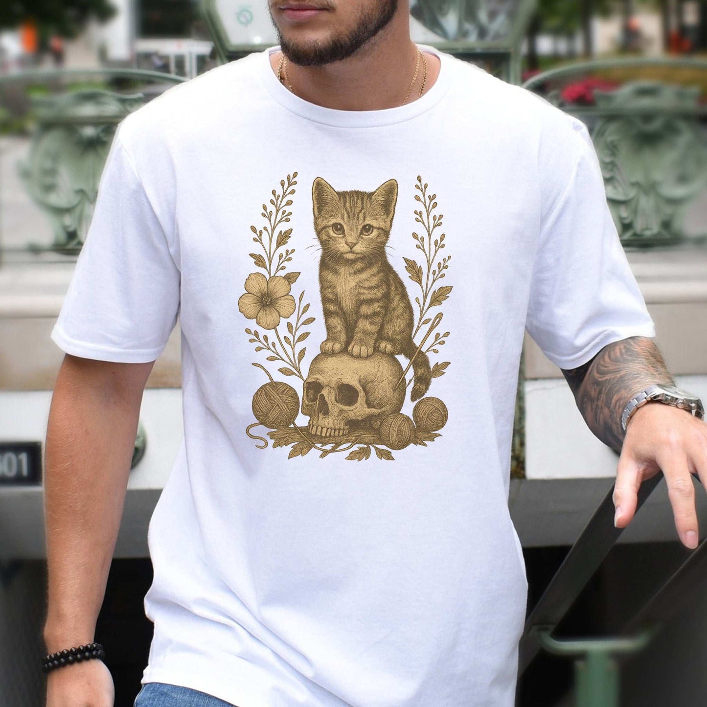 Gothic Kitten & Skull T-Shirt – Vintage Halloween Cat Floral Design