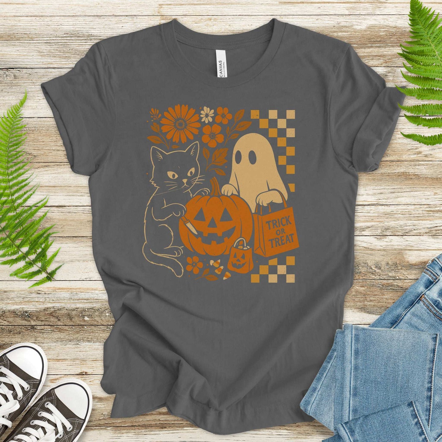 Halloween Cat & Ghost T-Shirt – Cute Retro Trick-or-Treat Vibes