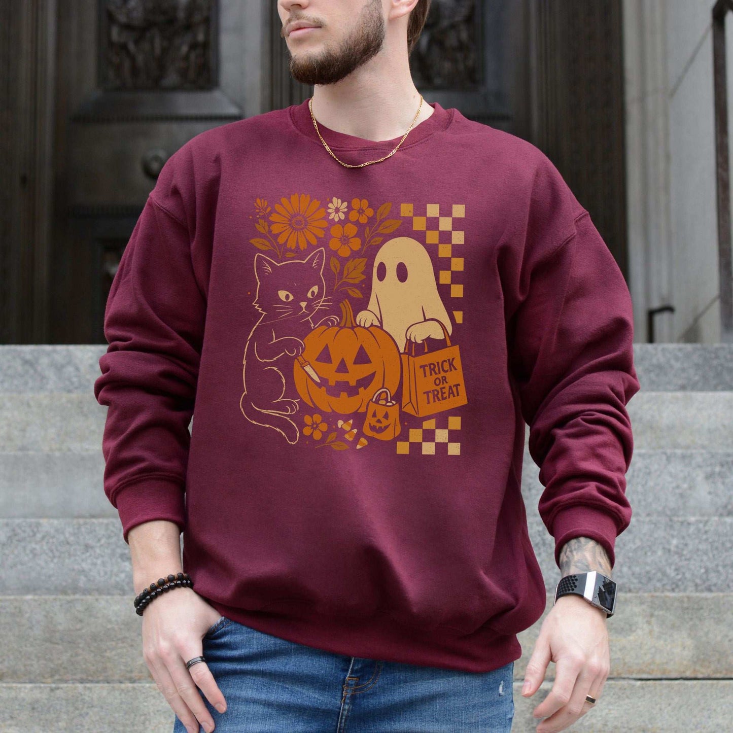 Halloween Cat & Ghost Sweatshirt – Cute Retro Trick-or-Treat Vibes