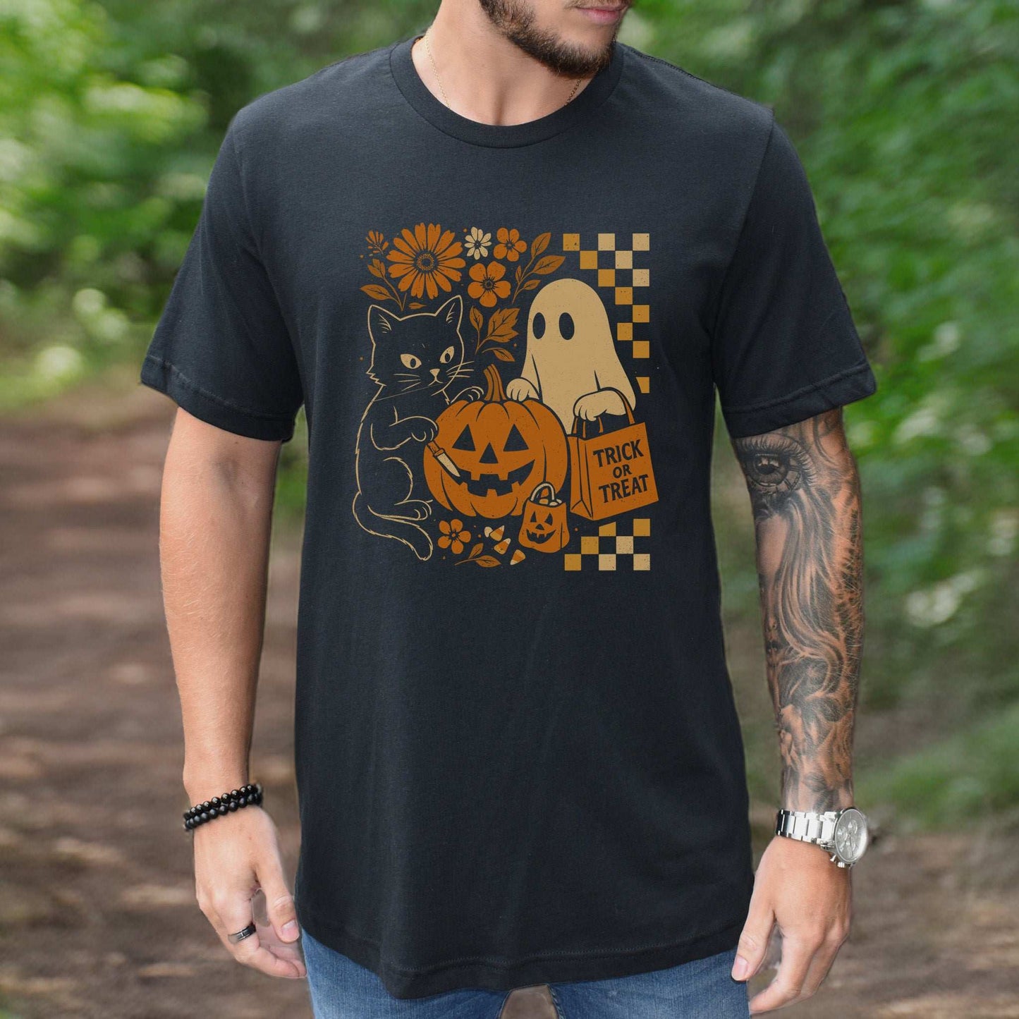Halloween Cat & Ghost T-Shirt – Cute Retro Trick-or-Treat Vibes