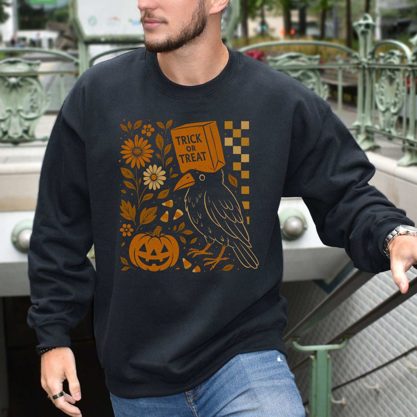 Trick-or-Treat Crow Halloween Sweatshirt – Funny Bird & Pumpkin Vibes