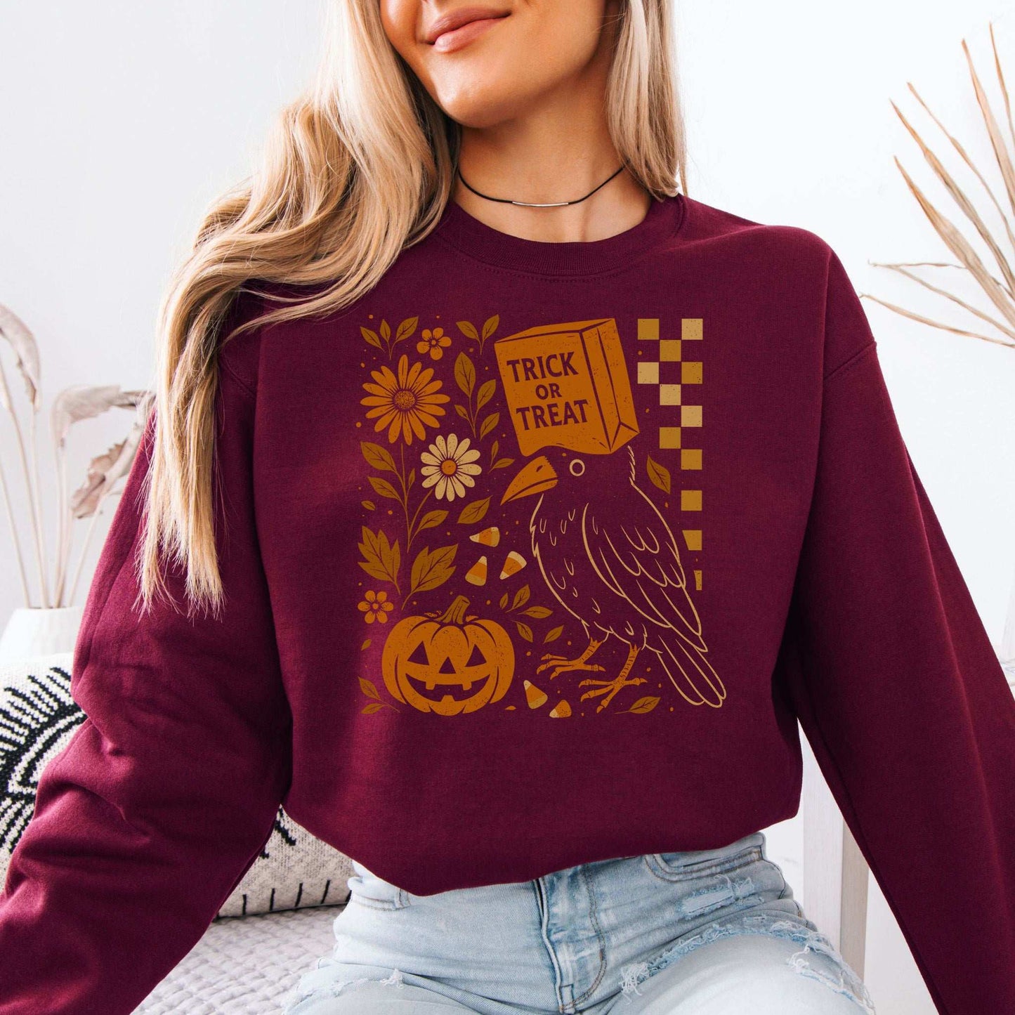 Trick-or-Treat Crow Halloween Sweatshirt – Funny Bird & Pumpkin Vibes