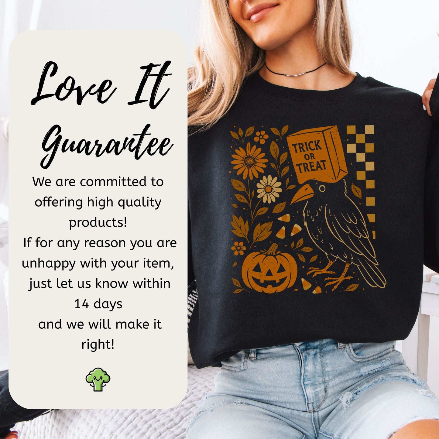 Trick-or-Treat Crow Halloween Sweatshirt – Funny Bird & Pumpkin Vibes
