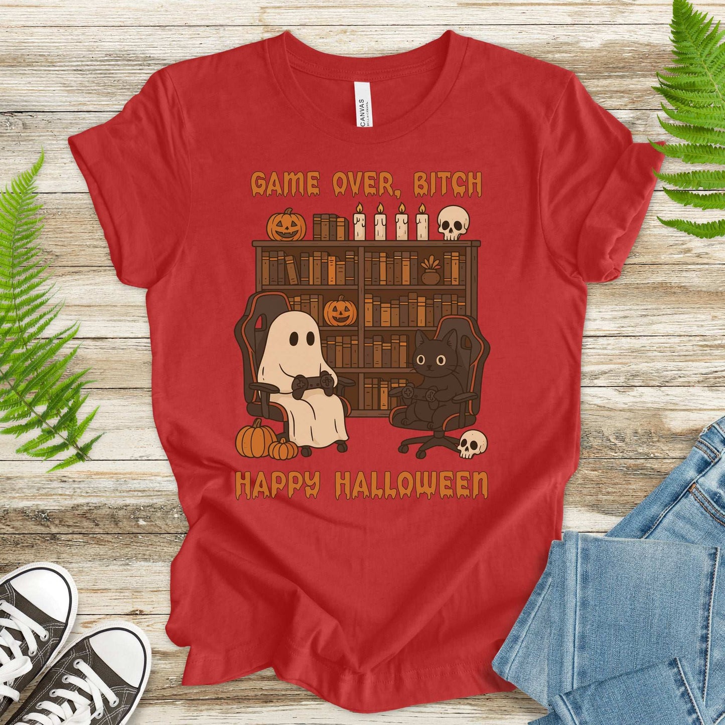 Halloween Gamer Ghost & Cat T-Shirt โ Funny Retro Gaming Spooky Vibes