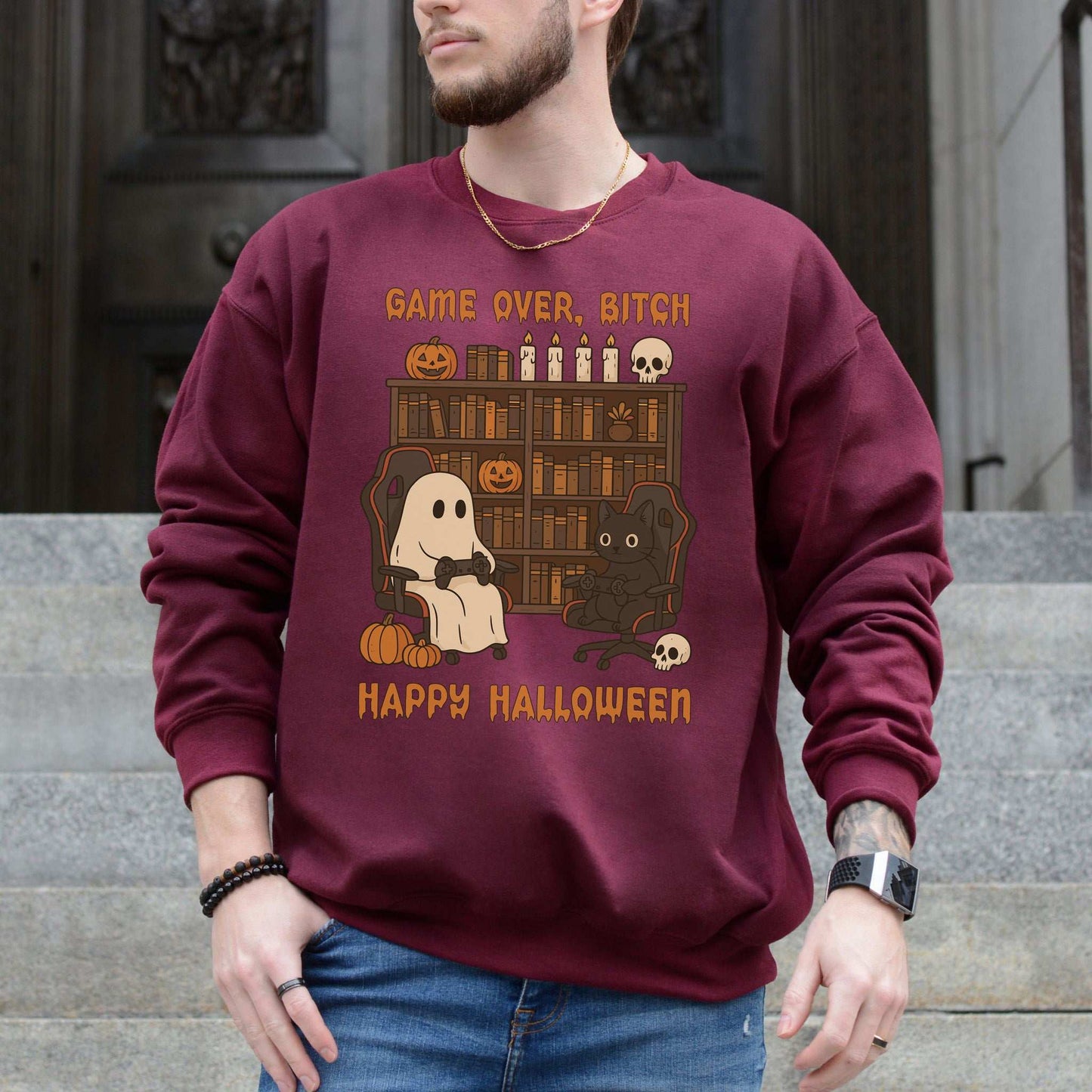 Halloween Gamer Ghost & Cat Sweatshirt – Funny Retro Spooky Gaming Vibes