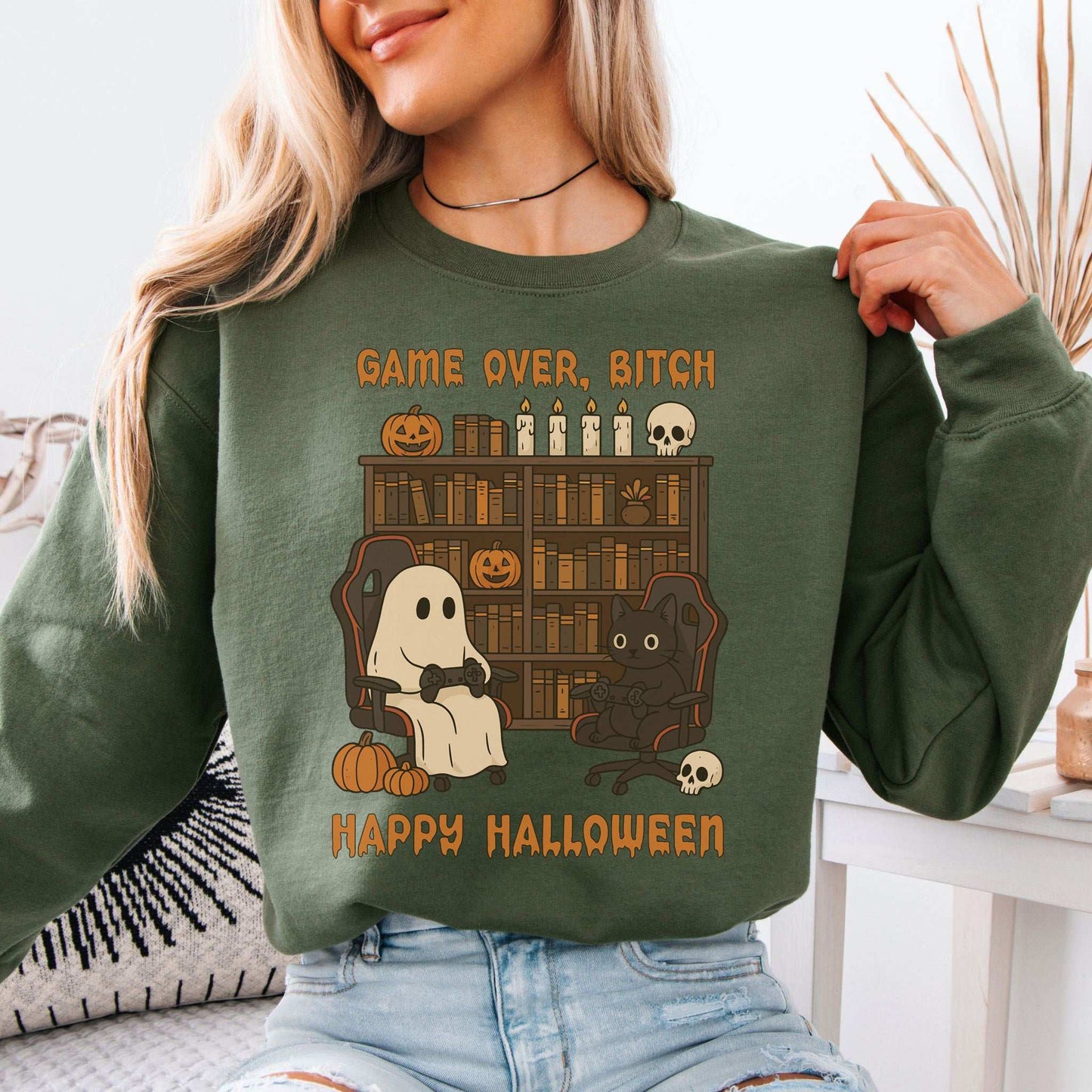 Halloween Gamer Ghost & Cat Sweatshirt – Funny Retro Spooky Gaming Vibes