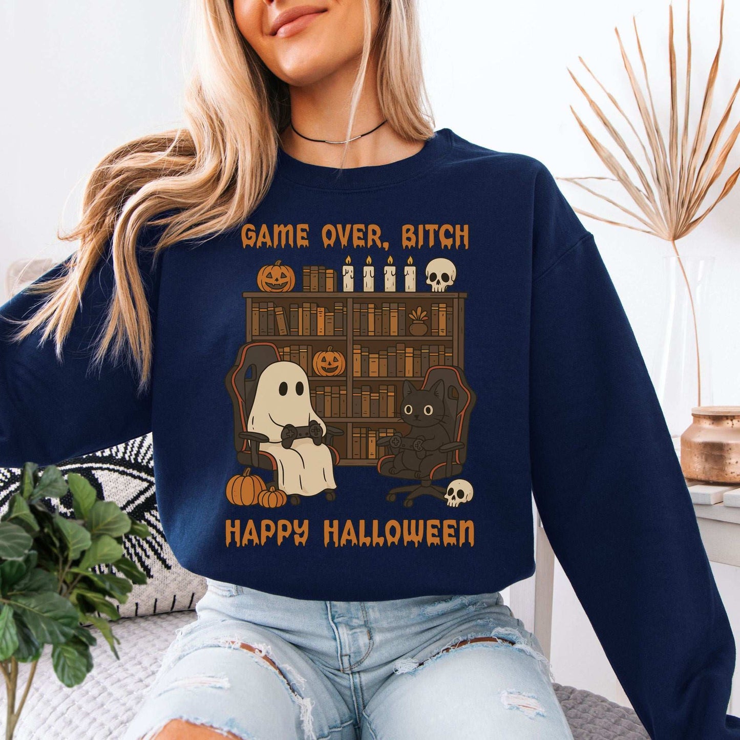 Halloween Gamer Ghost & Cat Sweatshirt – Funny Retro Spooky Gaming Vibes