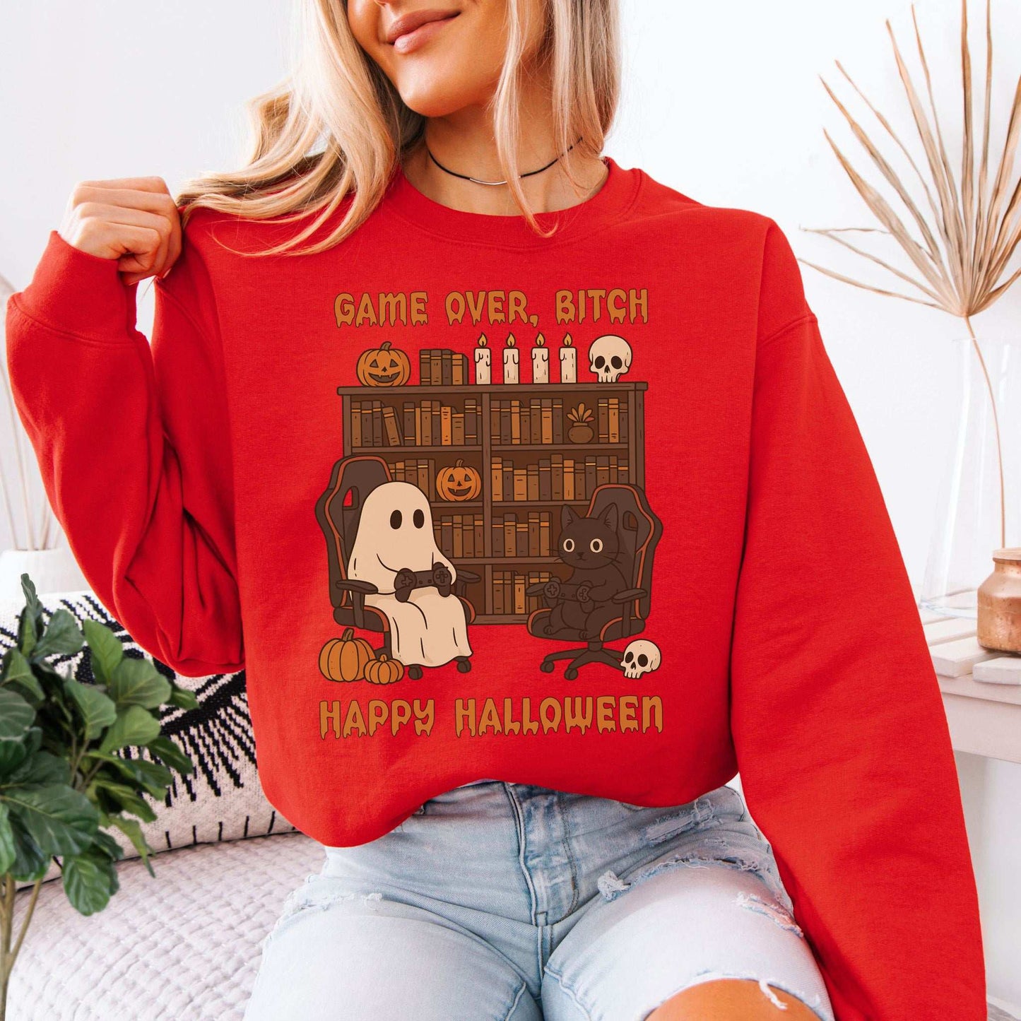 Halloween Gamer Ghost & Cat Sweatshirt – Funny Retro Spooky Gaming Vibes