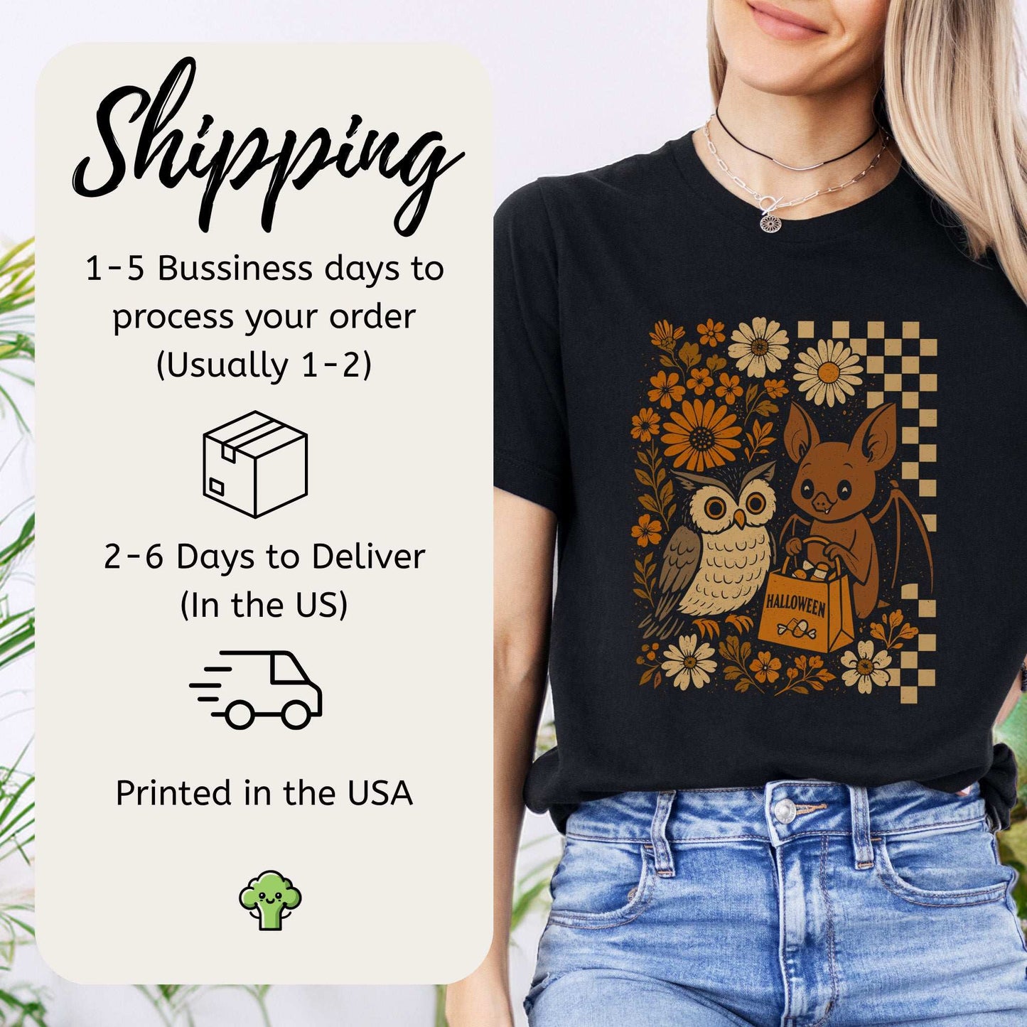 Halloween Owl & Bat T-Shirt – Cute Forest Friends in Retro Trick-or-Treat