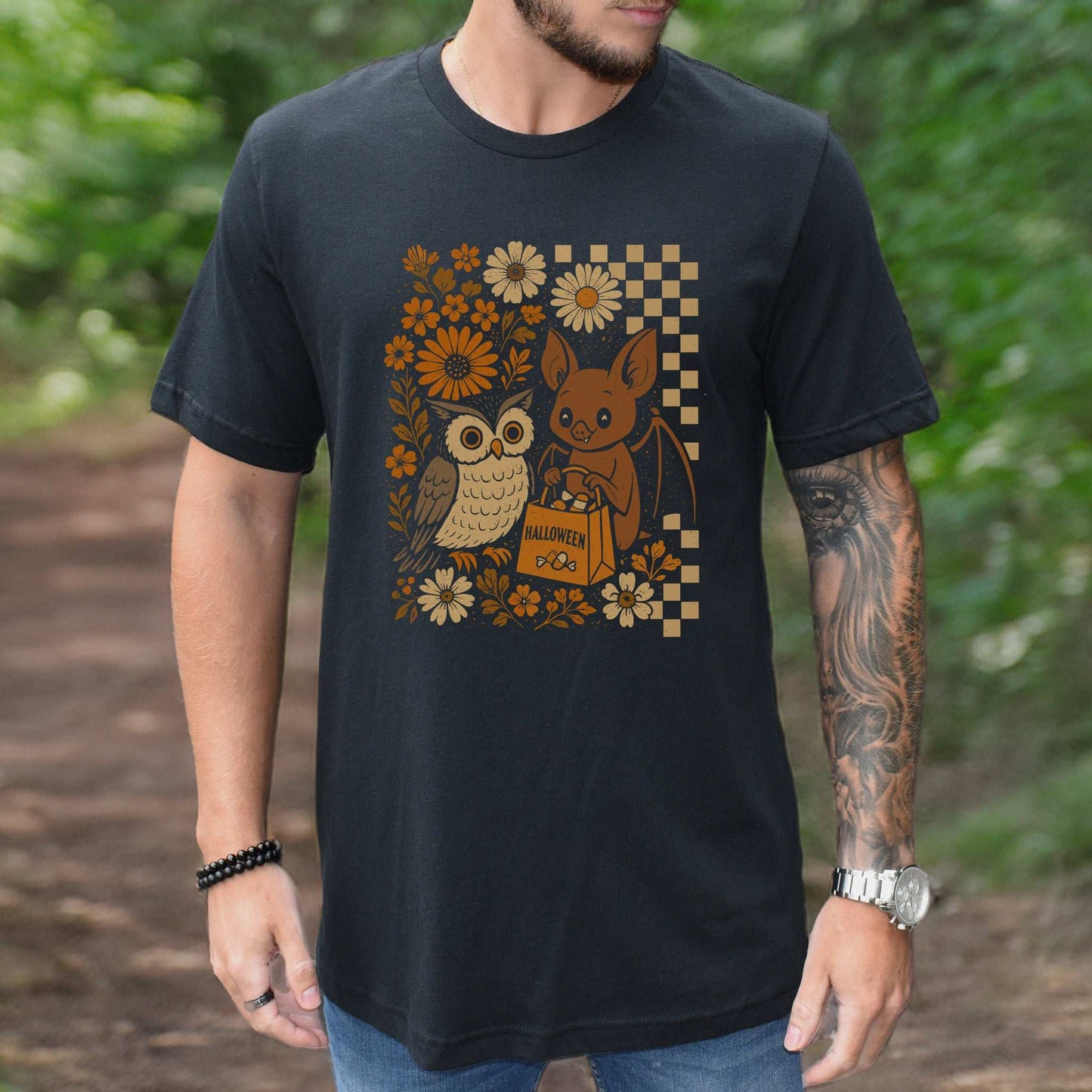Halloween Owl & Bat T-Shirt – Cute Forest Friends in Retro Trick-or-Treat