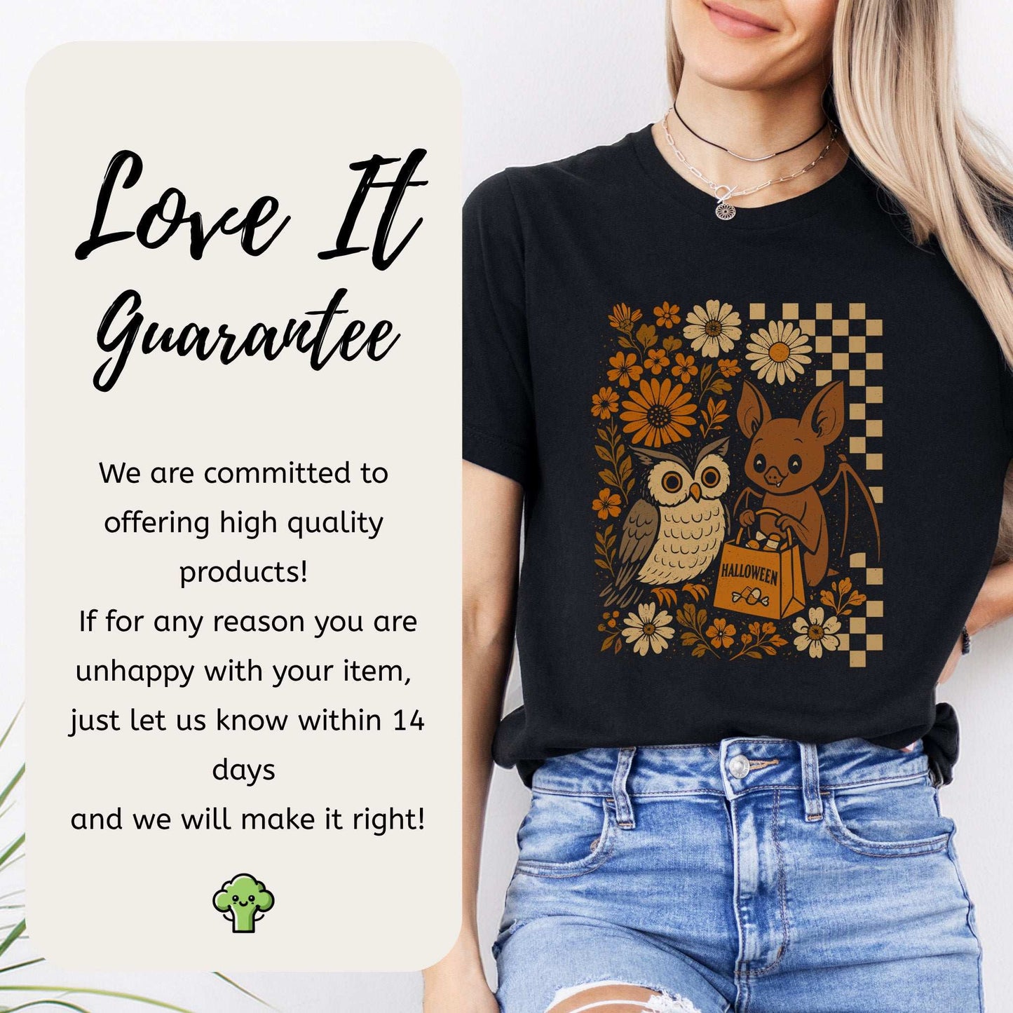 Halloween Owl & Bat T-Shirt – Cute Forest Friends in Retro Trick-or-Treat