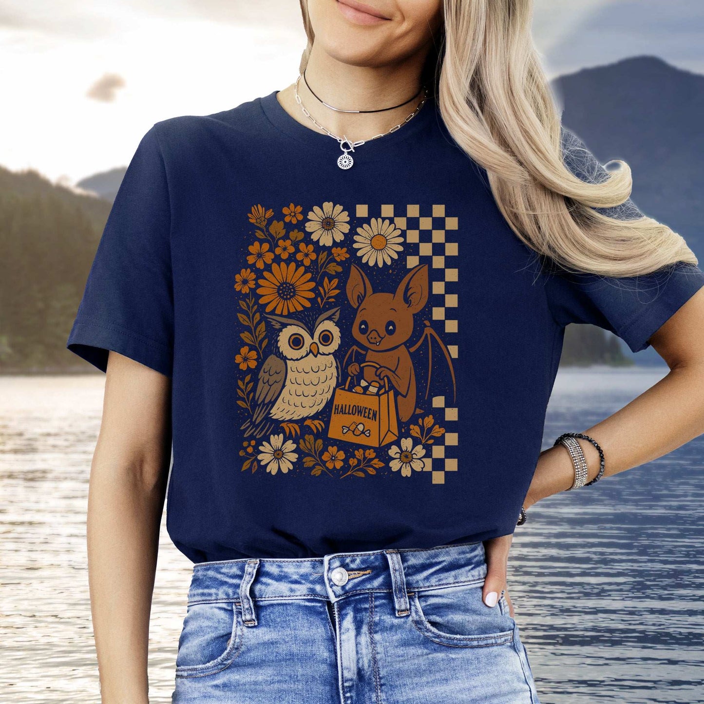 Halloween Owl & Bat T-Shirt – Cute Forest Friends in Retro Trick-or-Treat