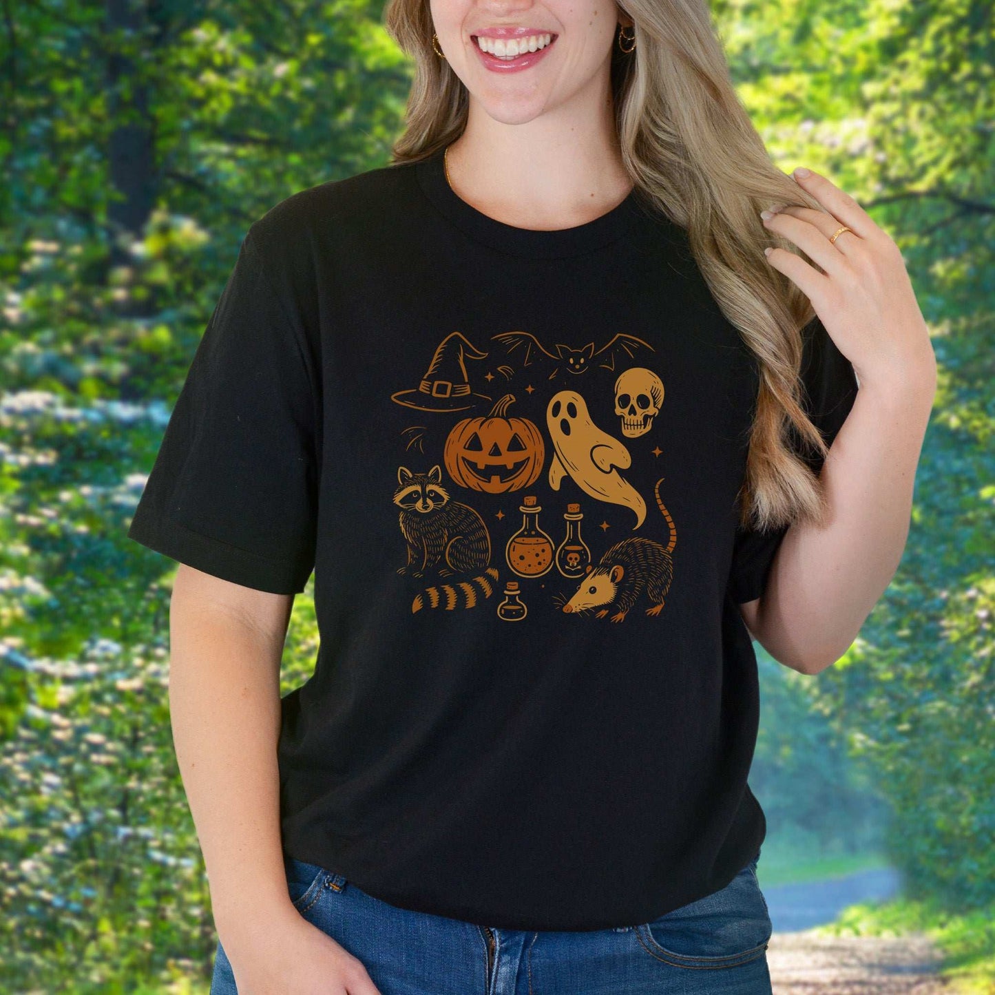 Halloween Raccoon & Opossum T-Shirt – Spooky Trash Panda Potion Vibes
