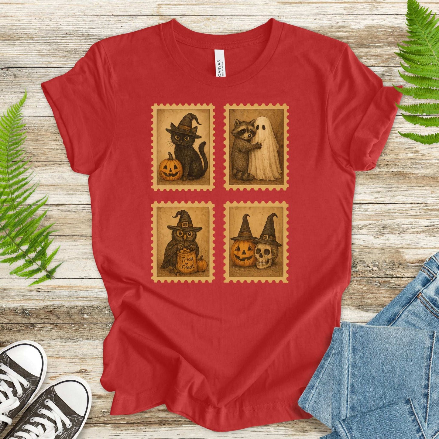 Halloween Stamps T-Shirt – Vintage Cat, Raccoon, Owl & Pumpkin Magic