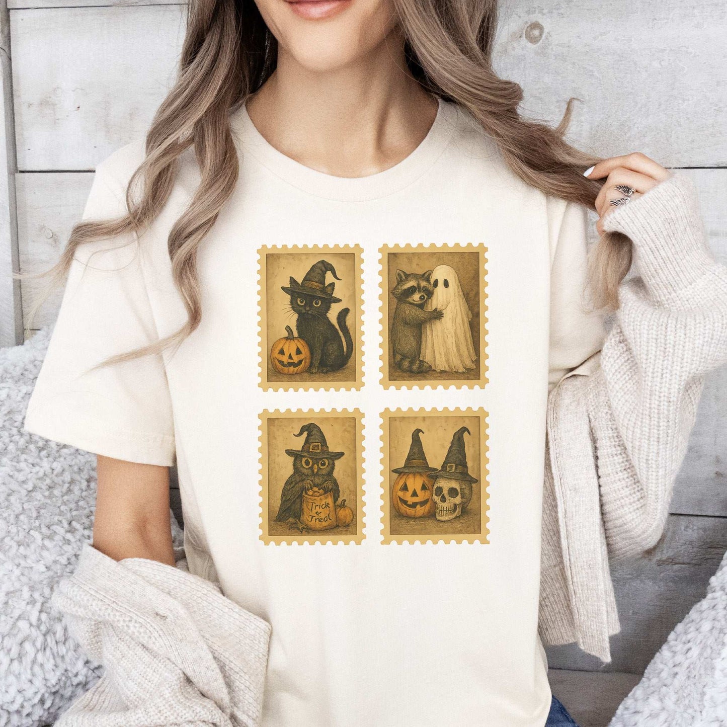 Halloween Stamps T-Shirt – Vintage Cat, Raccoon, Owl & Pumpkin Magic