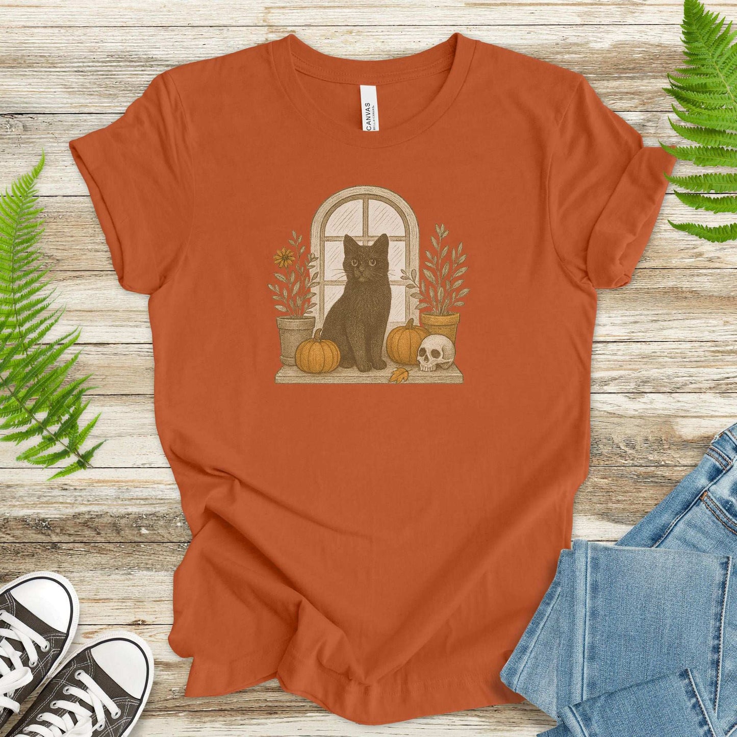 Black Cat Window T-Shirt – Spooky Autumn Halloween Vibes
