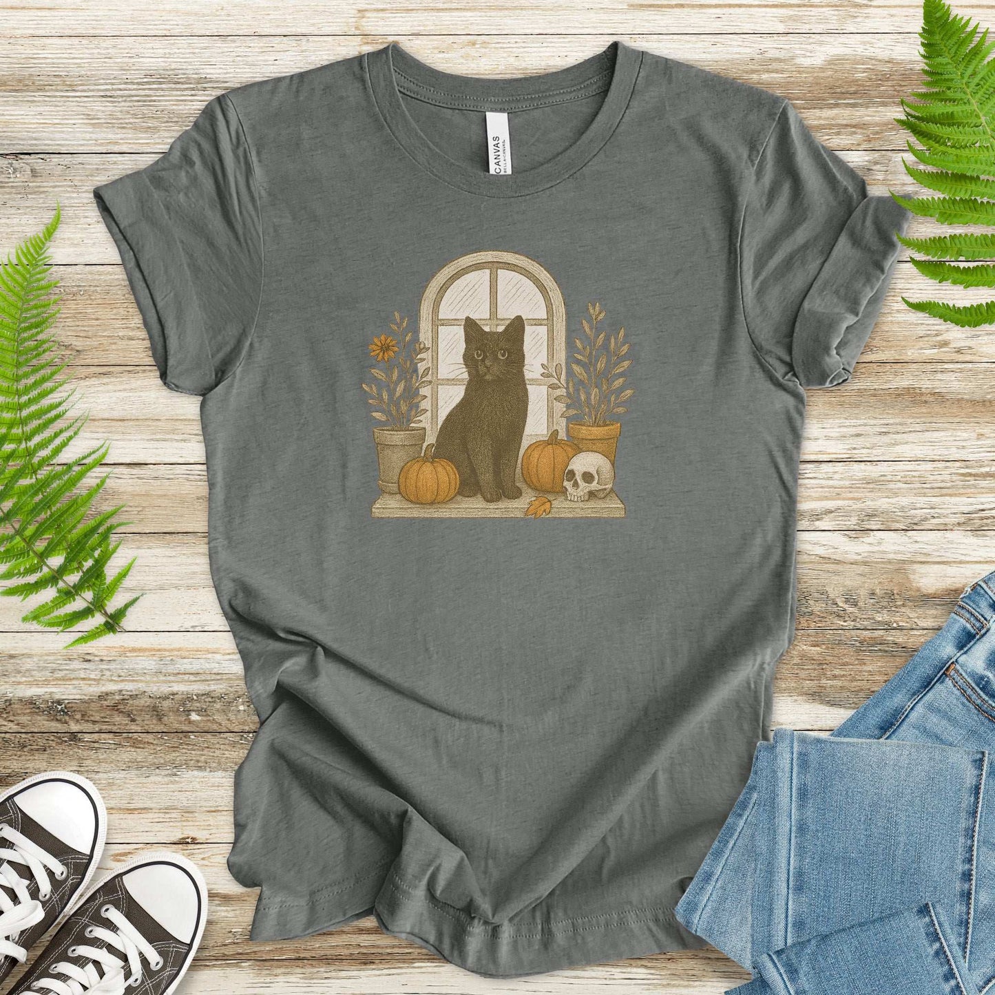 Black Cat Window T-Shirt – Spooky Autumn Halloween Vibes