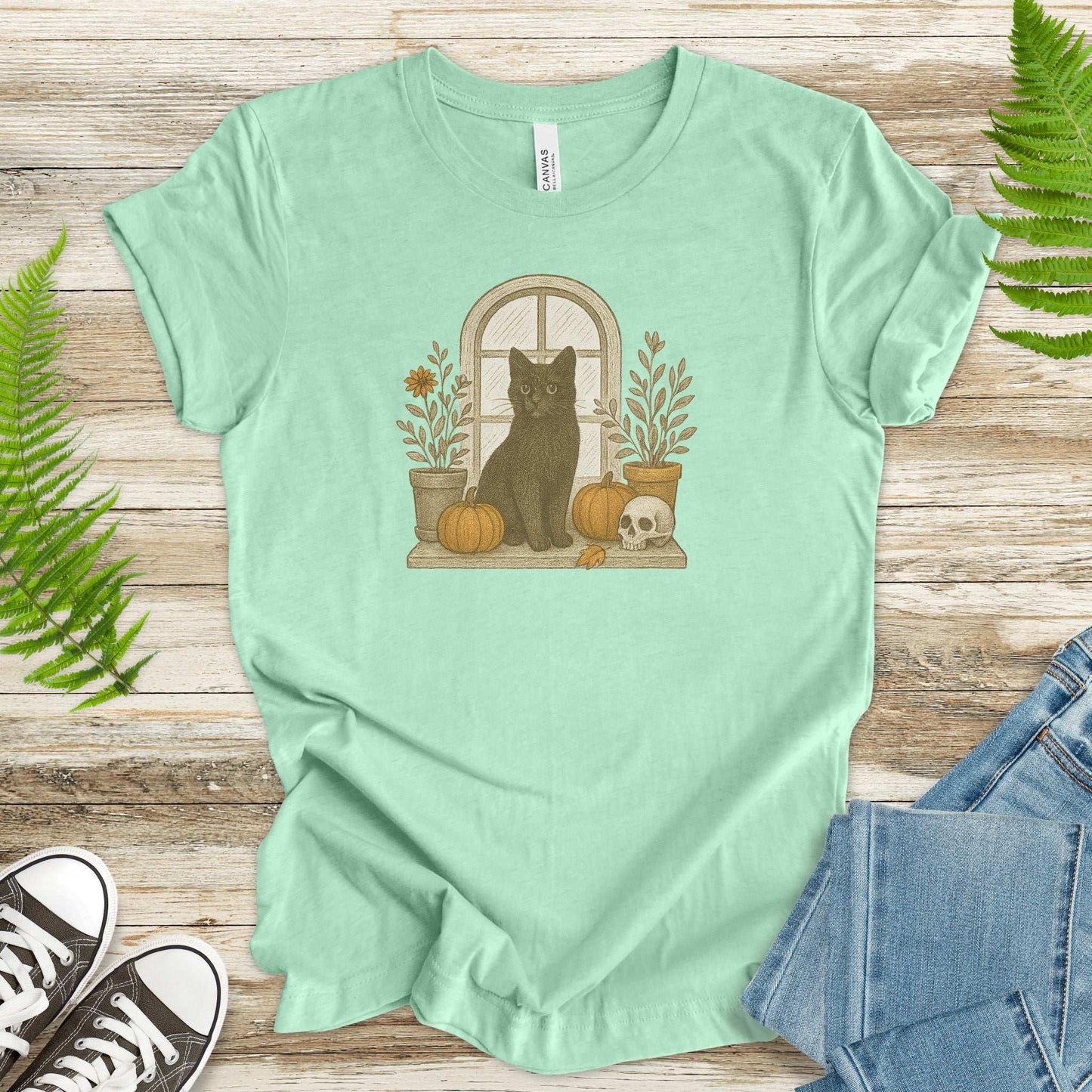 Black Cat Window T-Shirt – Spooky Autumn Halloween Vibes