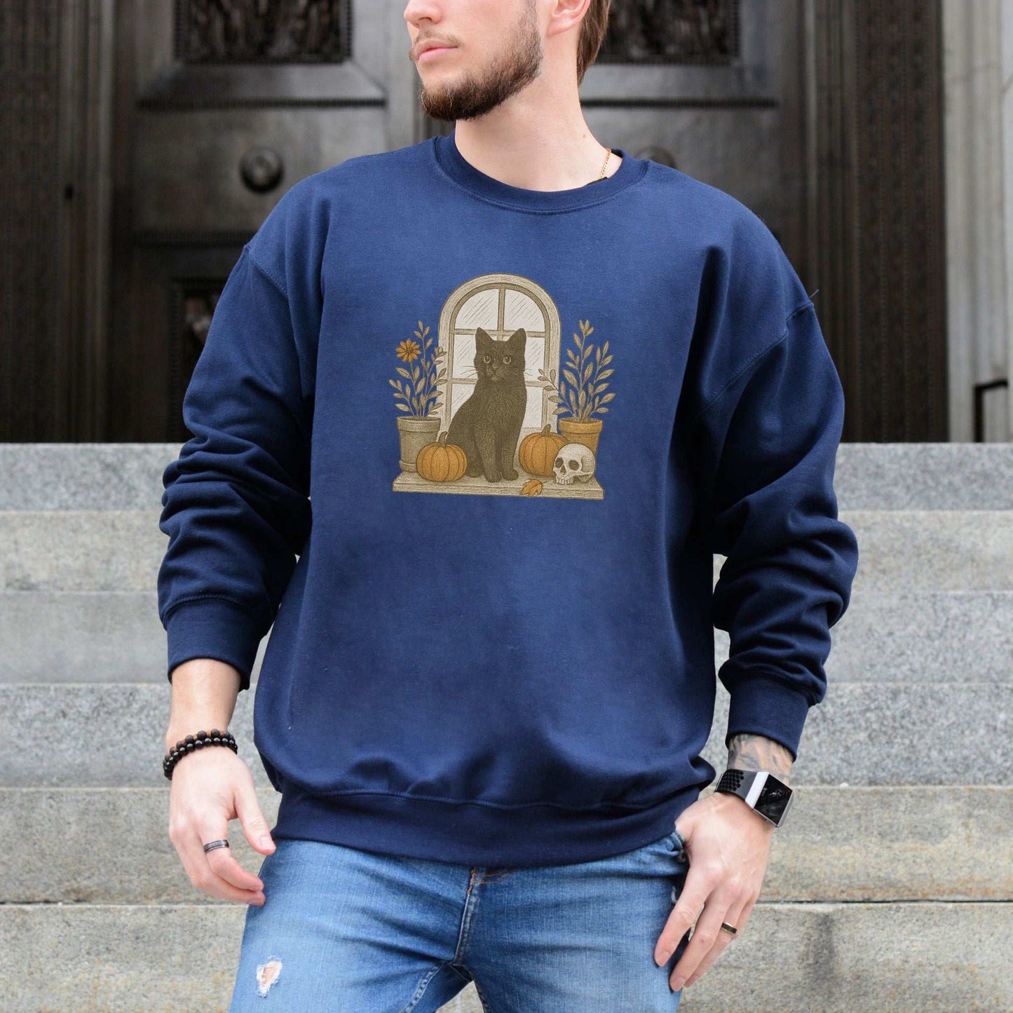 Black Cat Window Sweatshirt – Spooky Autumn Halloween Vibes